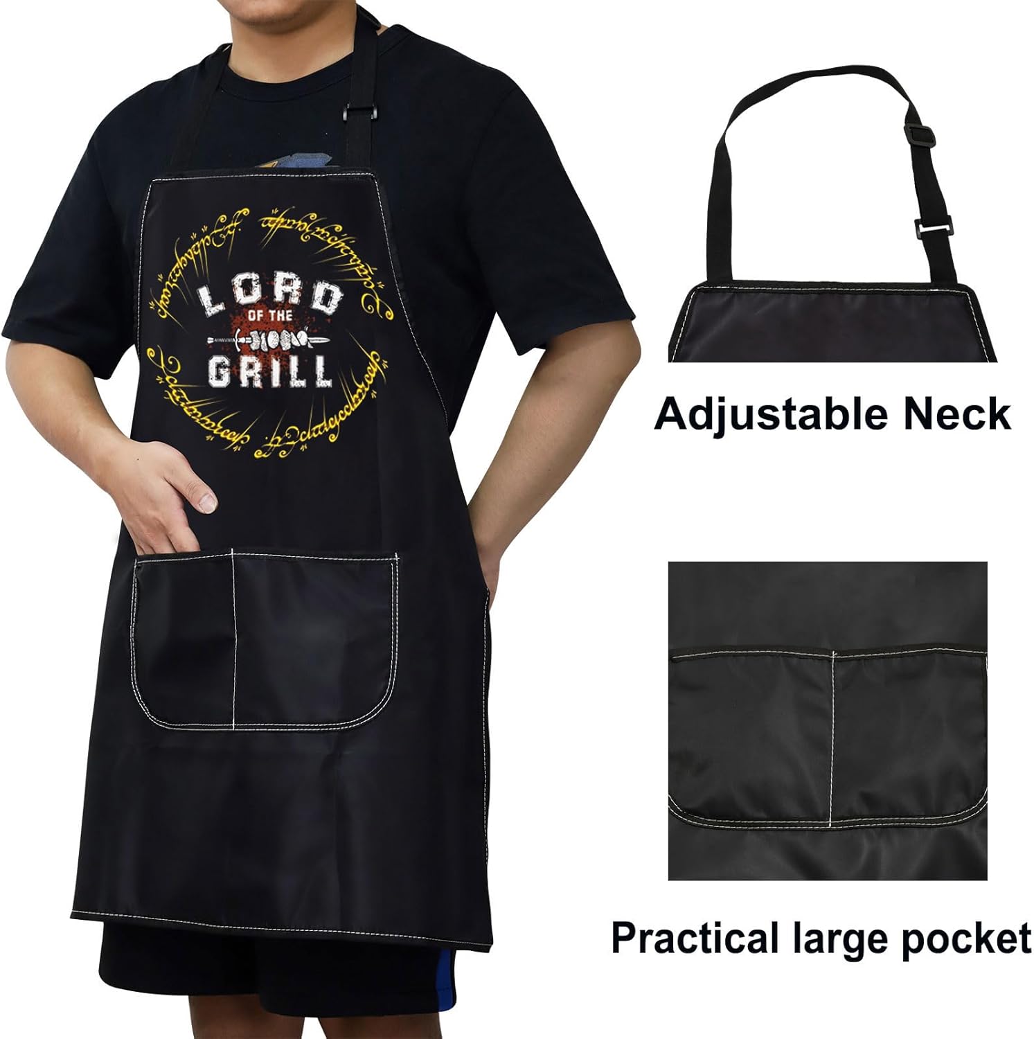 WZMPA LOTR Delantal de cocina para fanáticos de la película, regalo de Lord Of The Grill Delantal ajustable con bolsillos para cocinar a la parrilla
