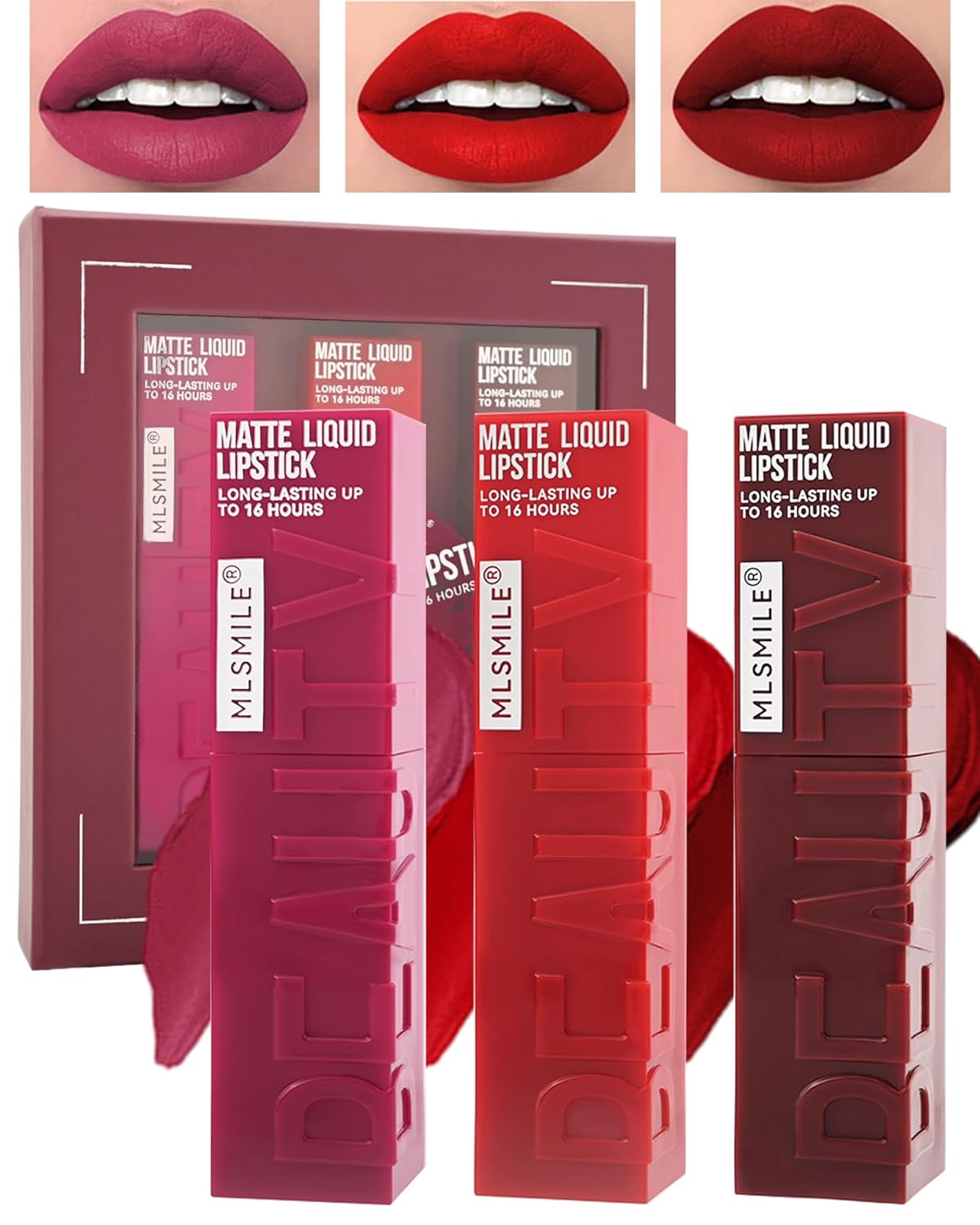 Juego de lápices labiales líquidos mate, 3 unidades, tinte de tinte de labios de alta pigmentación, brillo labial de terciopelo mate, hasta 16 horas