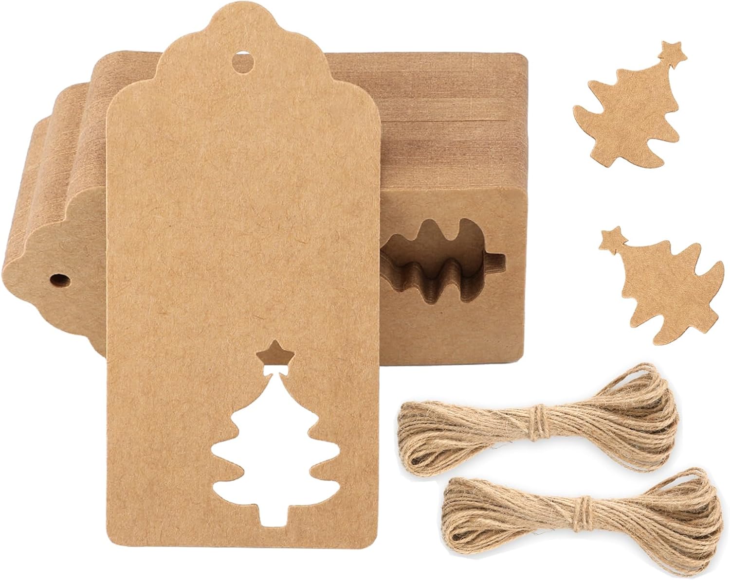 Etiquetas de regalo de Navidad, 100 etiquetas de regalo marrones con cuerdas, 10.58 ozm de papel kraft grueso, etiquetas de Navidad con árbol de