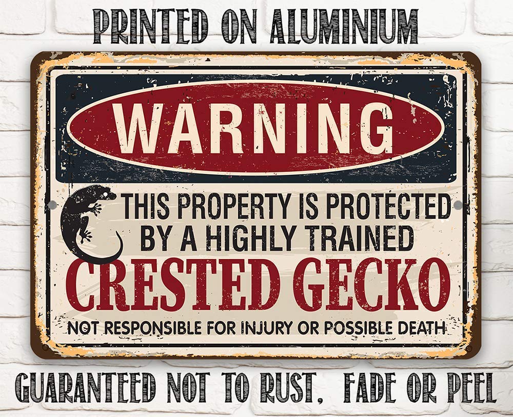 Metal Sign – Warning Property Protected By Crested Gecko – Durable Metal Sign – Use IndoorOutdoor – Front Door and Bedroom Door Decor or Gift for
