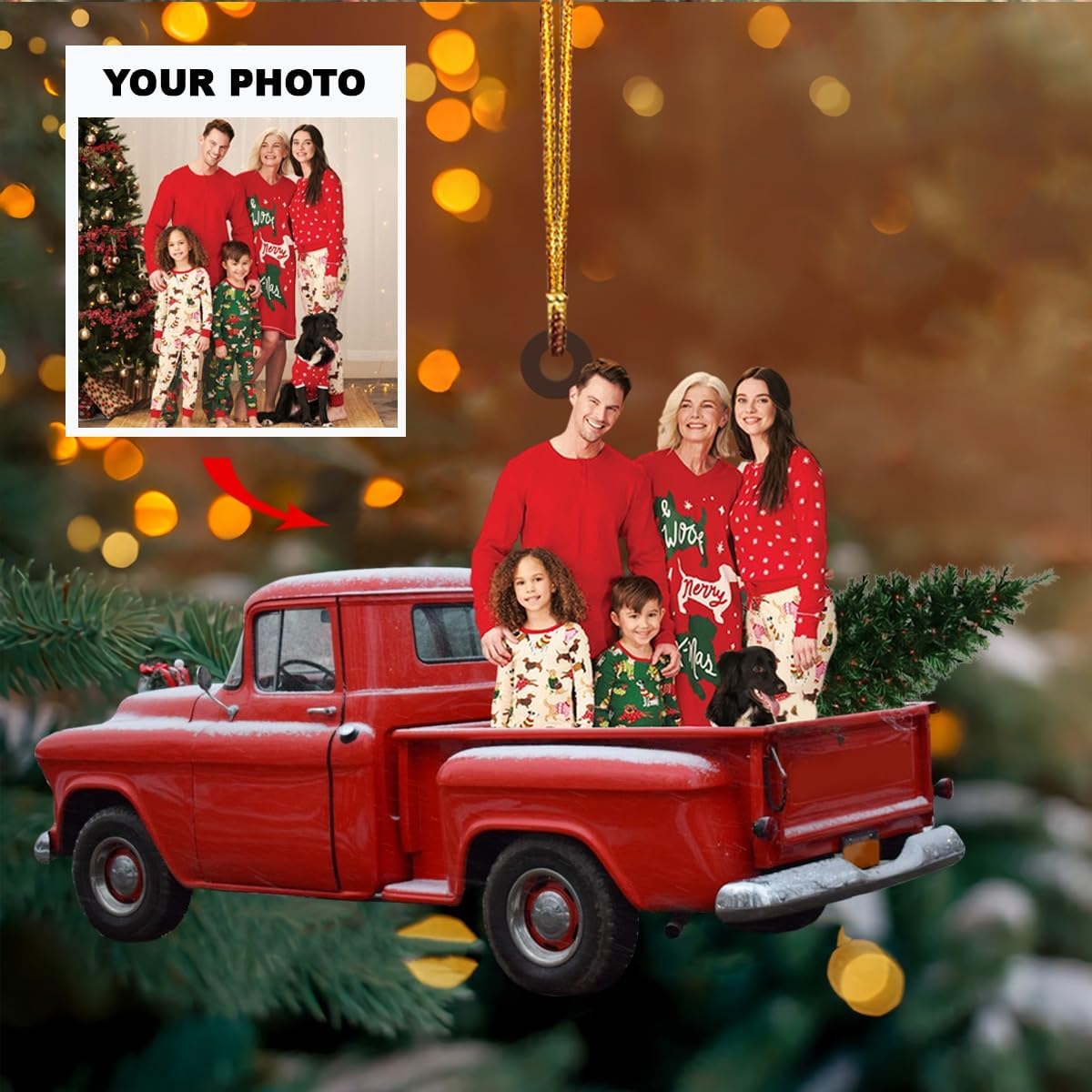 Adorno personalizado para tu foto, adorno de mica con foto personalizada, adorno de Navidad familiar, camión rojo familiar, adorno fotográfico 2023,
