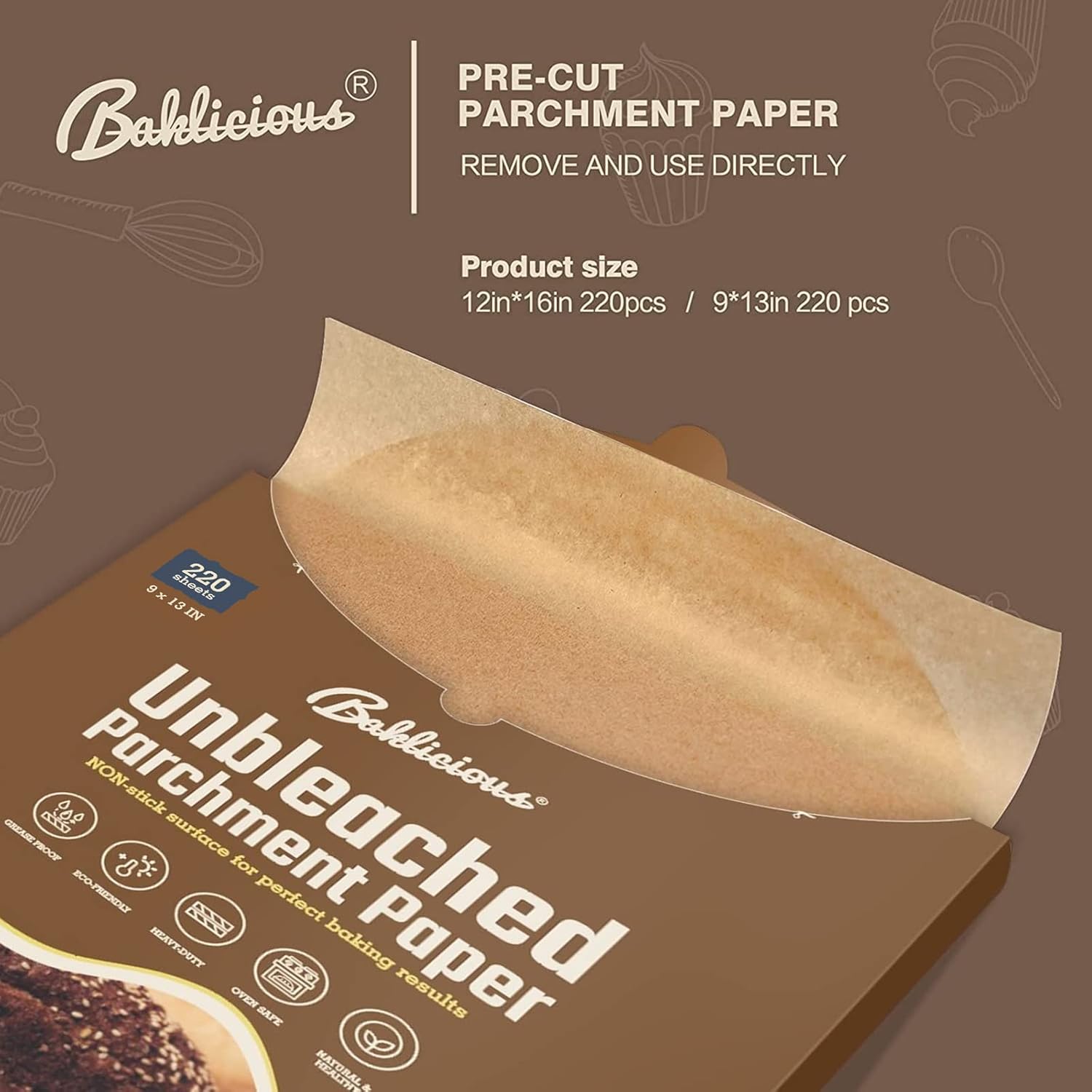 220 Pcs Unbleached Parchment Paper Baking Sheets, Baklicious Pre-cut Heavy Duty Parchment Baking Paper for Air Fryer, Oven, Bakeware, Steaming,