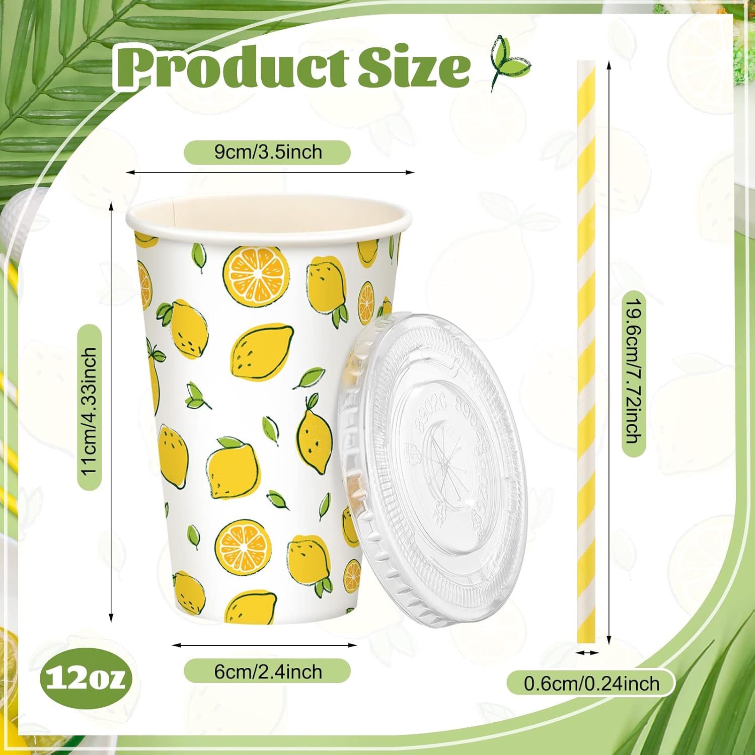 Tessco 150 piezas50 juegos de vasos de limonada con tapas y pajitas de papel, taza de papel desechable de 12 onzas para café helado, tazas de papel