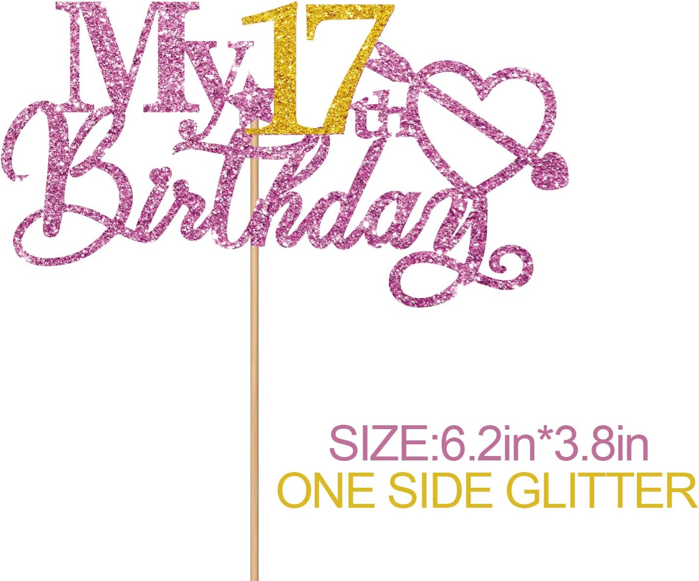 Pink My 17th Birthday – Decoración para tartas de 17 años, decoración de fiesta de 17 años, purpurina dorada para decoración de fiesta de cumpleaños