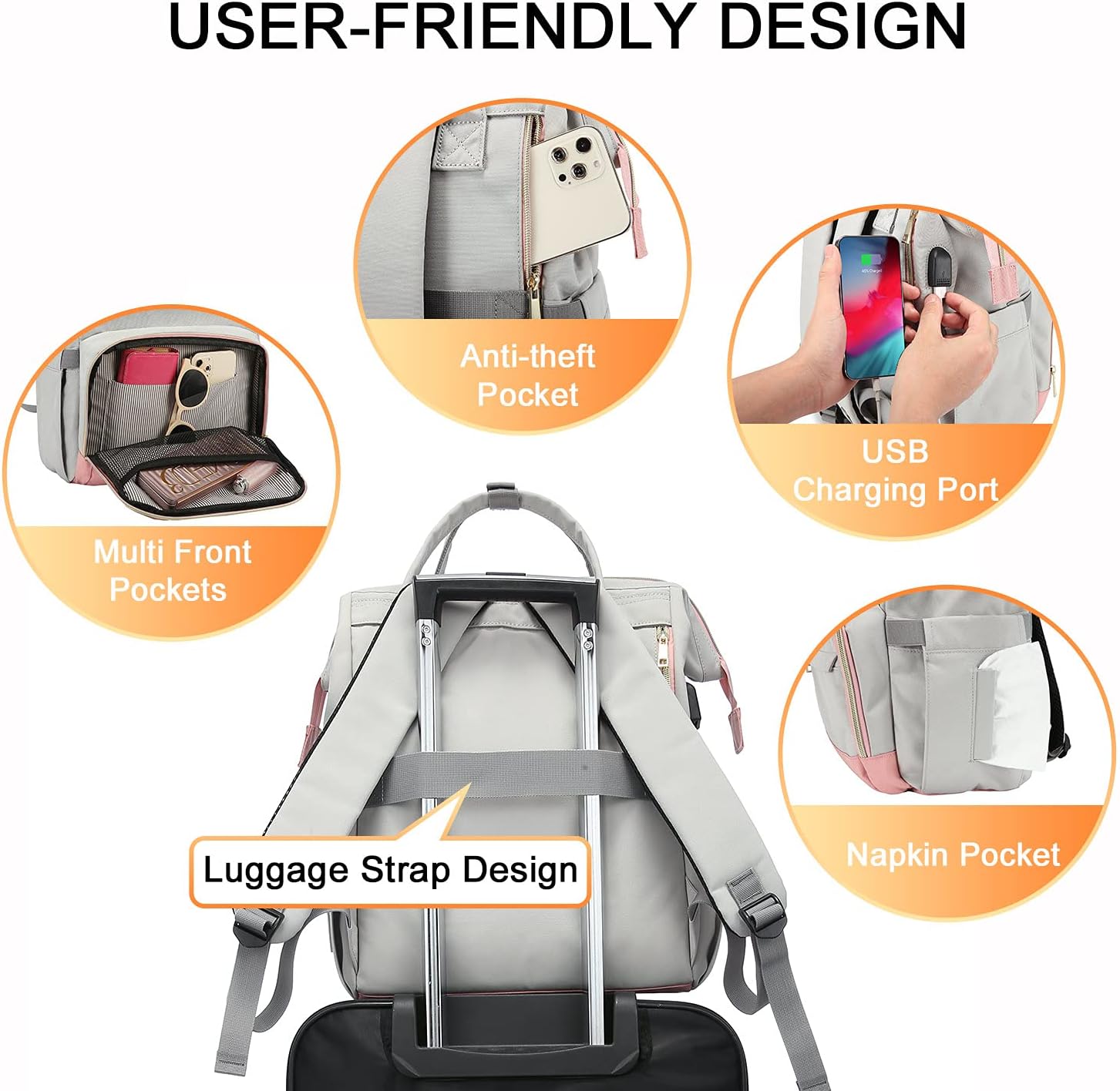 LOVEVOOK Mochila para laptop para mujer, mochila de viaje de 17 pulgadas, bolsa de libros para enfermeras, escuela, profesores, gris claro, rosa