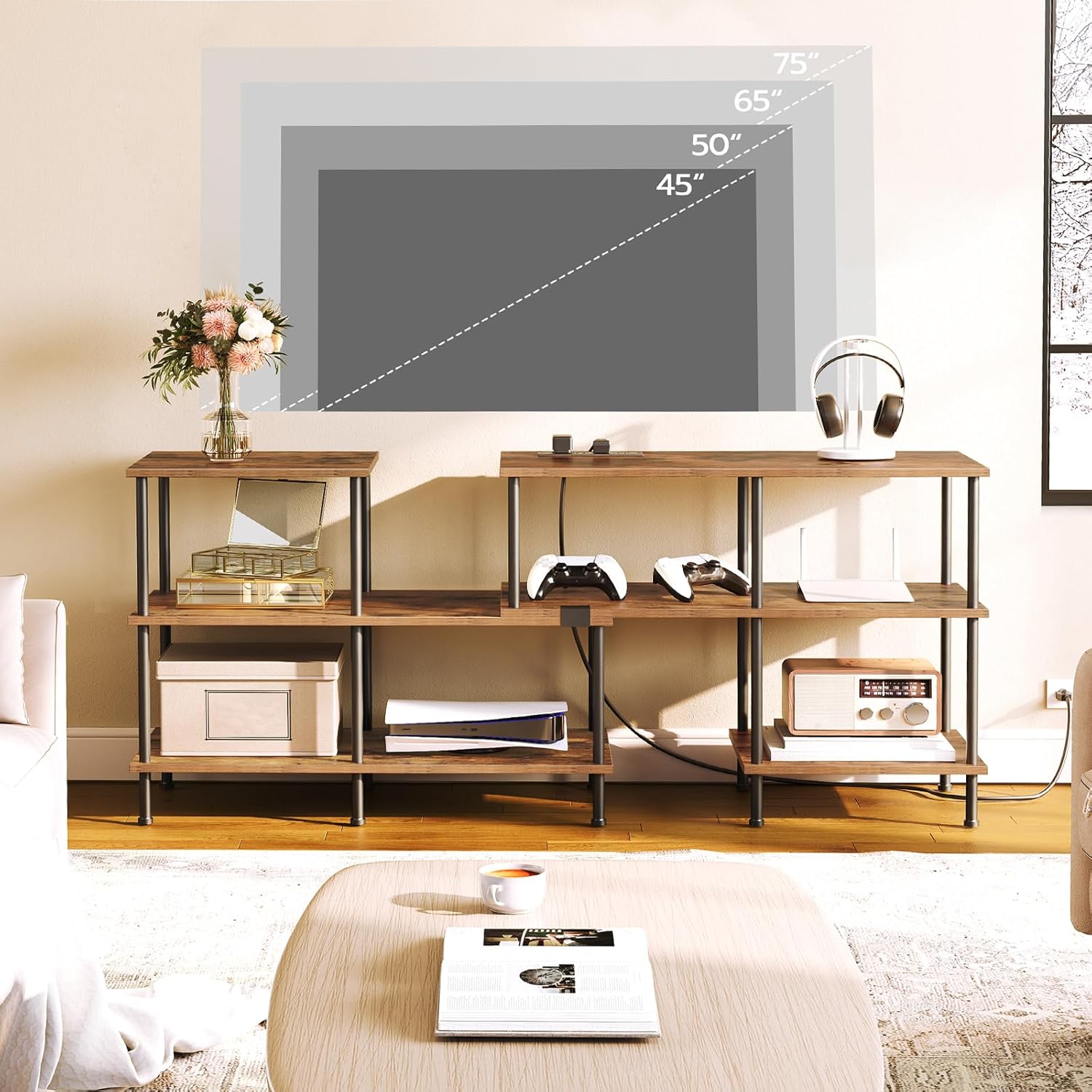 HOOBRO Soporte de TV, soporte de TV deformable con tomas de corriente de hasta 75 pulgadas, moderno centro de entretenimiento con estantes de