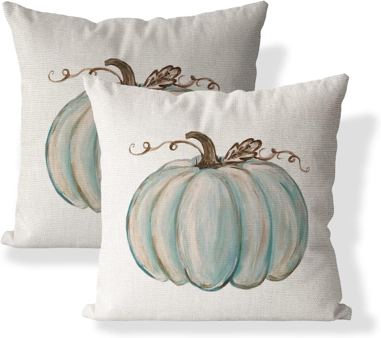 Juego de 2 fundas de almohada decorativas de otoño de 16 x 16 pulgadas, fundas de cojín de calabaza azul claro, lino sintético, granja, Acción de
