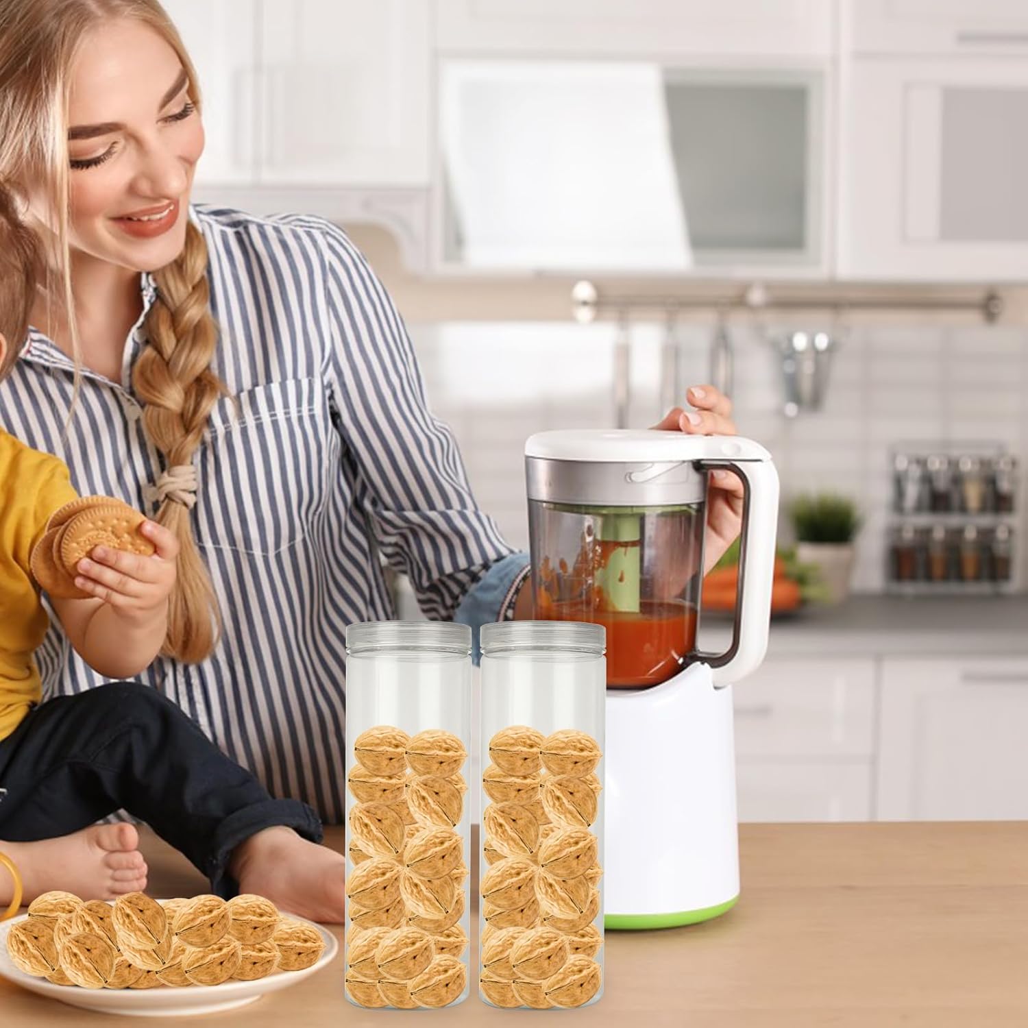 Paquete de 8 tarros de plástico transparente con tapas de 46 onzas46.0 fl oz, vacíos, redondos, de apertura ancha, con tapas de rosca para el hogar,