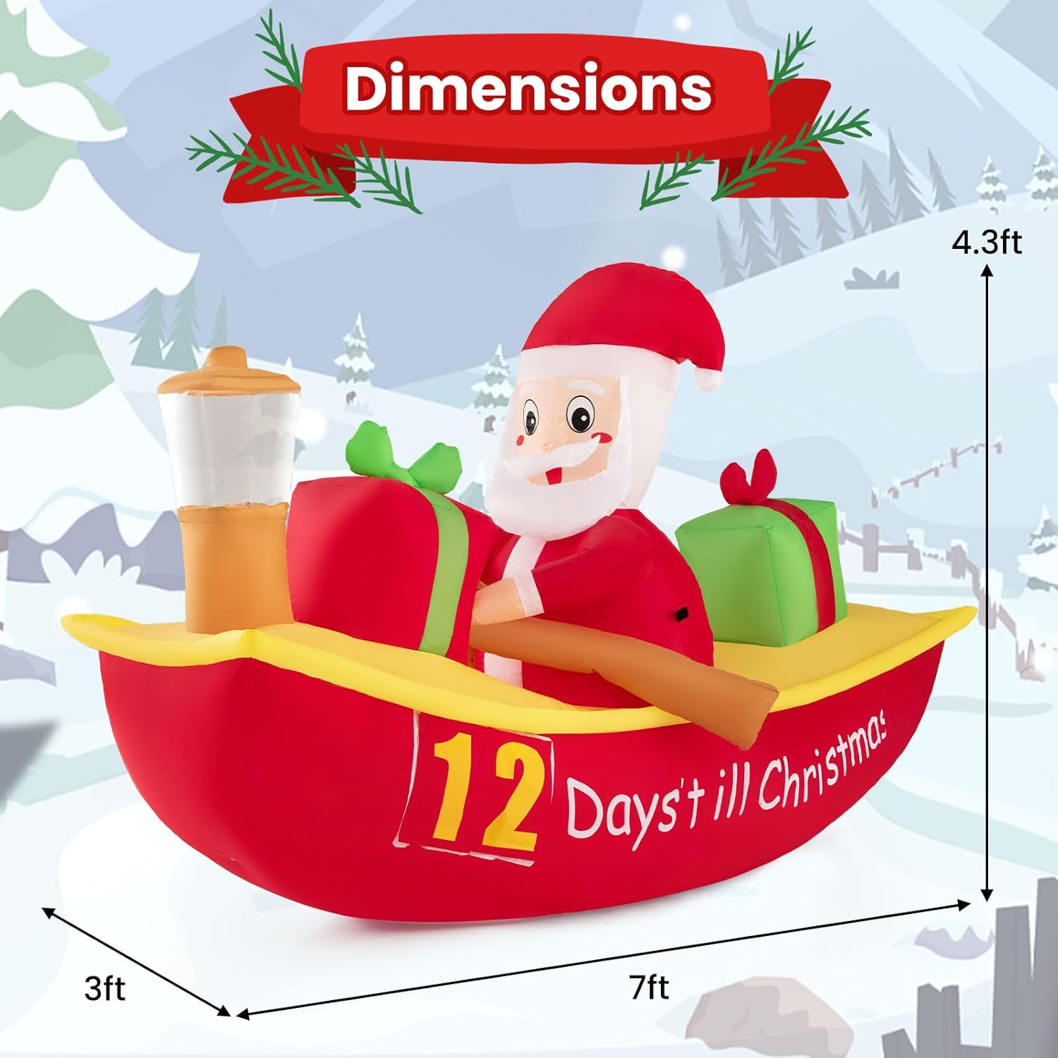 Tangkula Barco inflable de remo de Papá Noel de 7 pies con luz de navegación, cuenta regresiva para Navidad, decoración iluminada al aire libre con