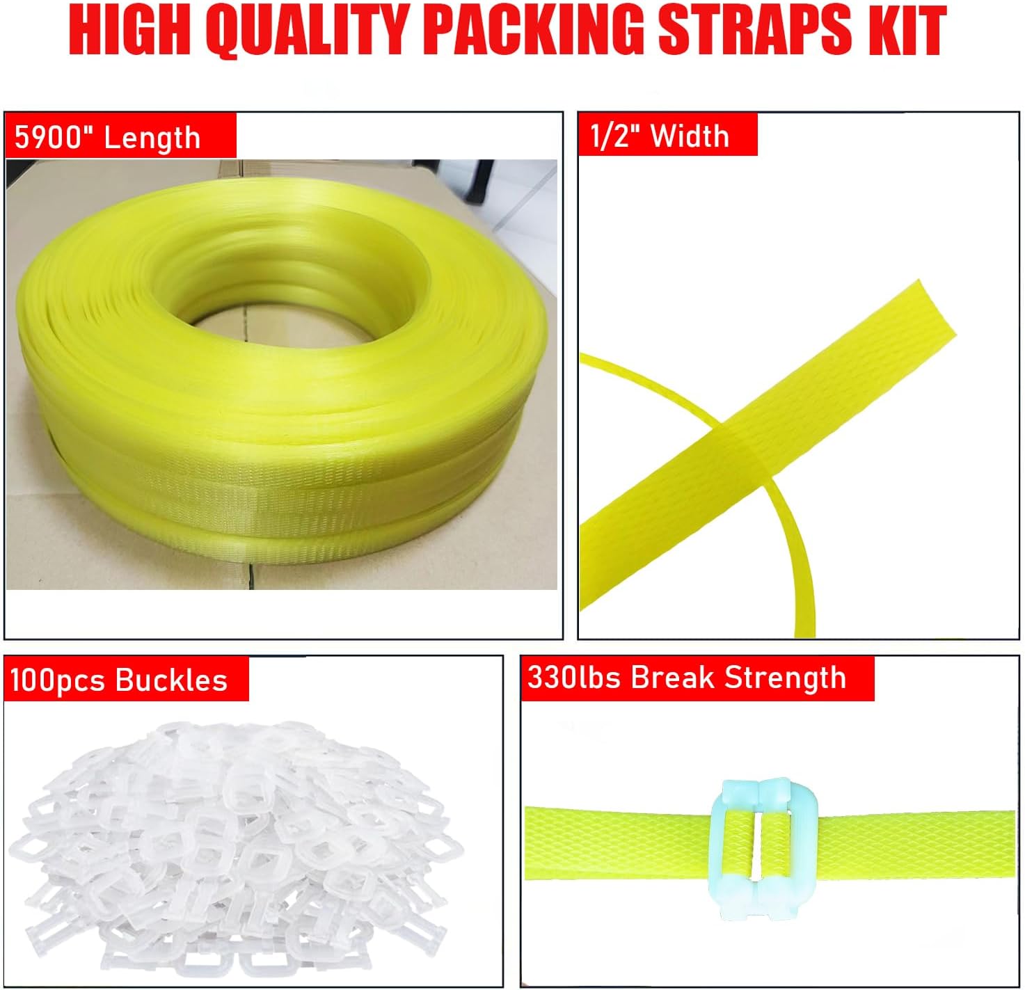 NEWANRAN Kit de flejado de bandas, herramienta de flejado de embalaje, con flejado de polietileno de 5900 pulgadas de longitud, 100 hebillas,