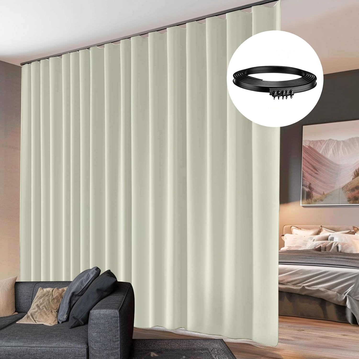 Cortina divisora de habitación con riel de techo flexible, cortinas de techo de privacidad total, opacas, a prueba de sonido, para sala de estar,