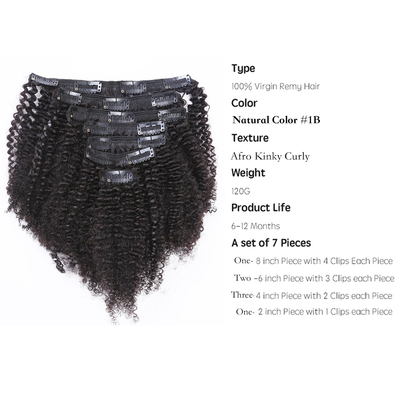 Anrosa Extensiones de cabello rizado tipo afro 3C 4A con clip, extensiones de cabello humano para mujeres negras, color natural Remy real 1B, negro