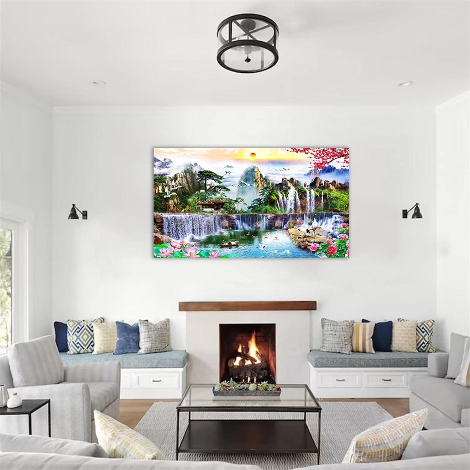 NOLEGA Lienzo decorativo para pared, cuadro de paisaje, flor de cascada de montaña de estilo chino, impresión de naturaleza sobre lienzo, póster e