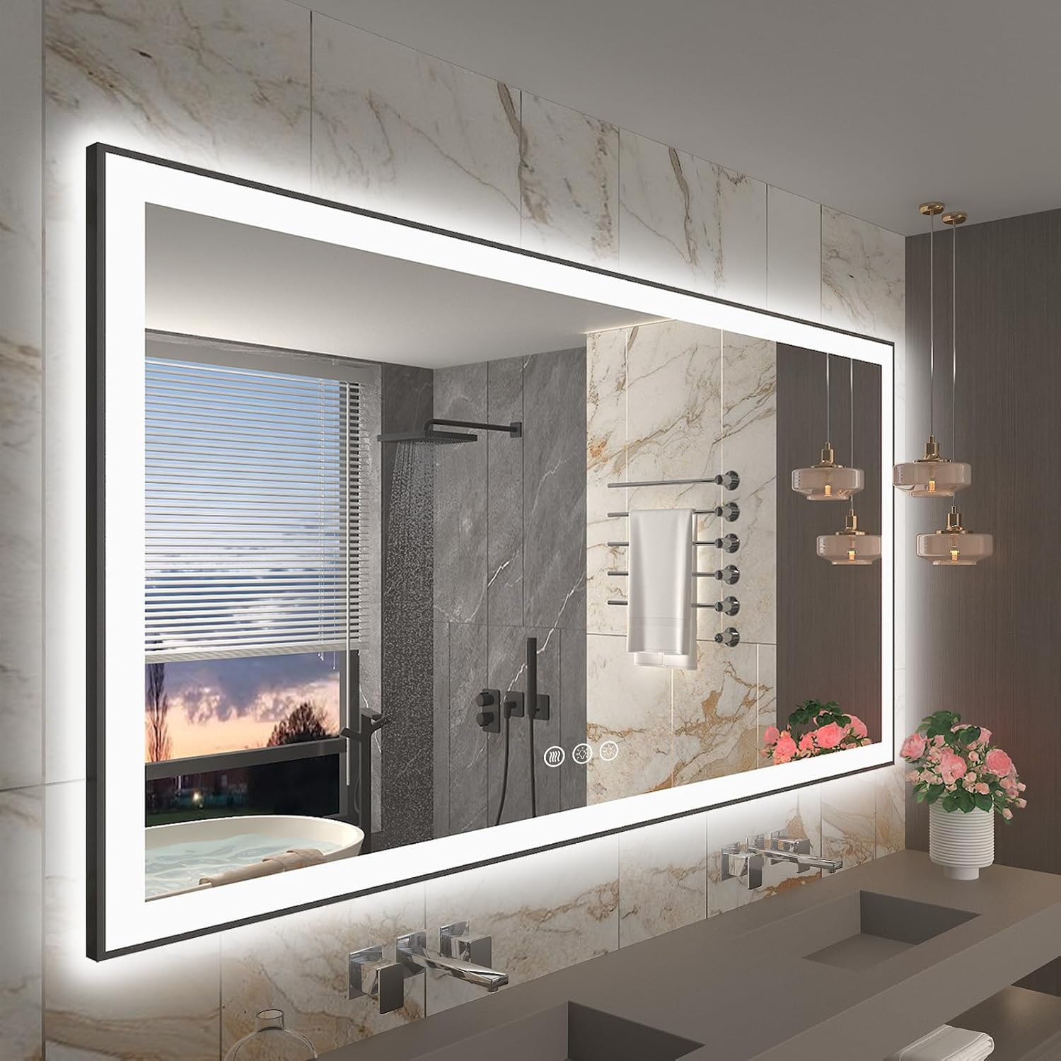 Espejo de baño LED enmarcado de 72 x 40 pulgadas, espejo de tocador grande iluminado para pared, regulable, antivaho, a prueba de roturas, memoria