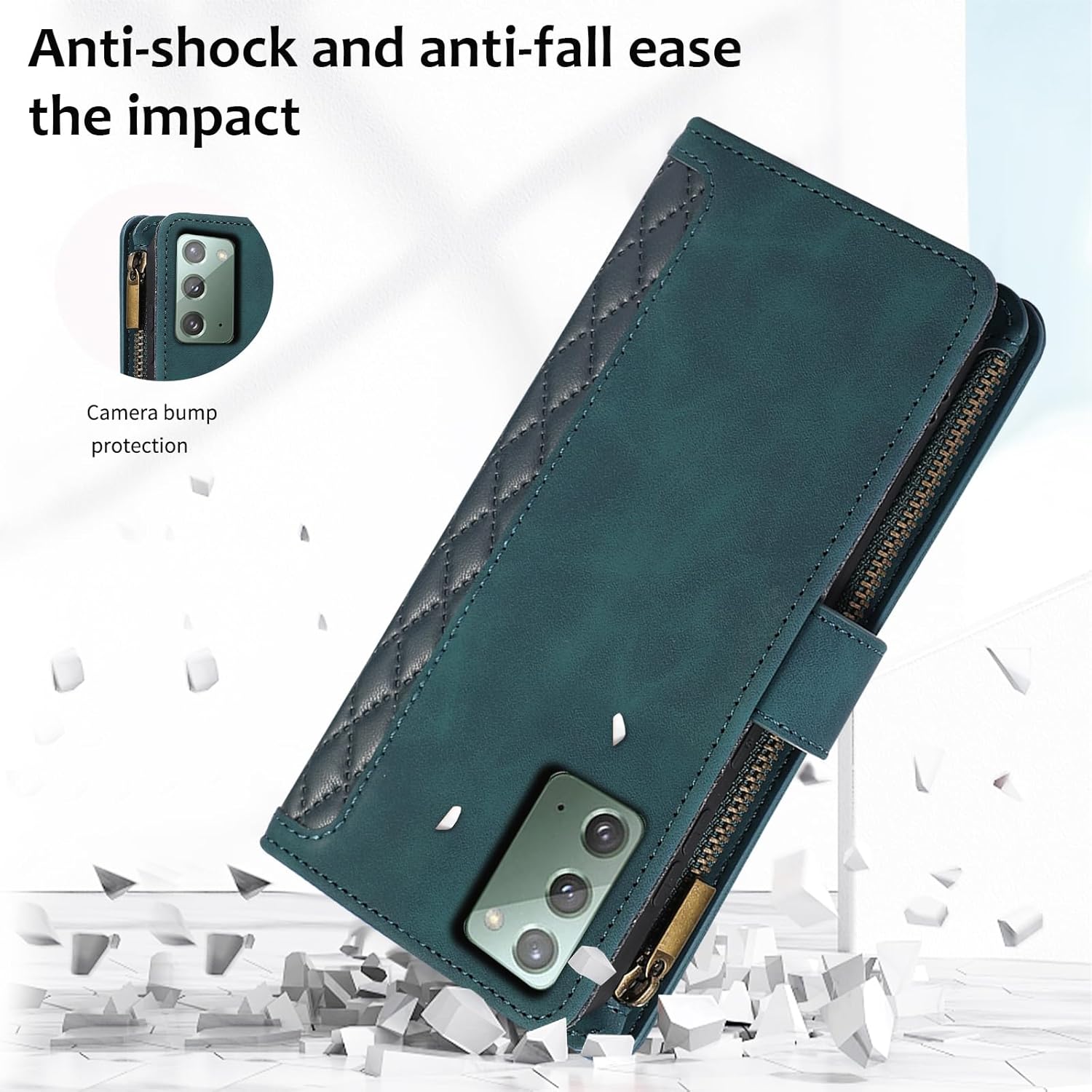 Asuwish Funda de teléfono para Samsung Galaxy Note 20 5G con protector de pantalla de vidrio templado y correa para la muñeca, cremallera abatible,