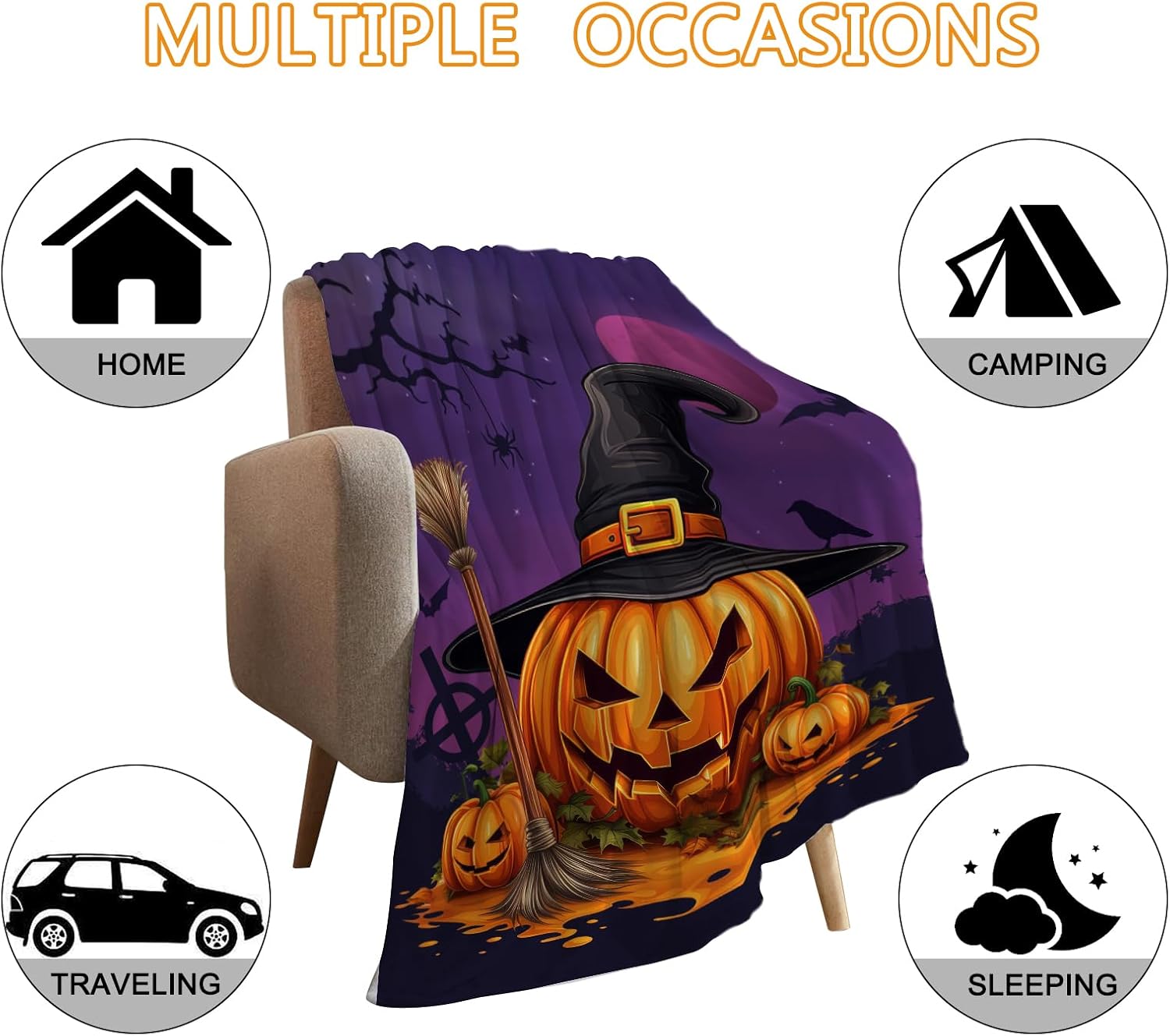 YeeJu Manta de Halloween tamaño individual, manta de bruja morada con calabaza para sofá, cama, sala de estar, al aire libre, acogedora, suave,