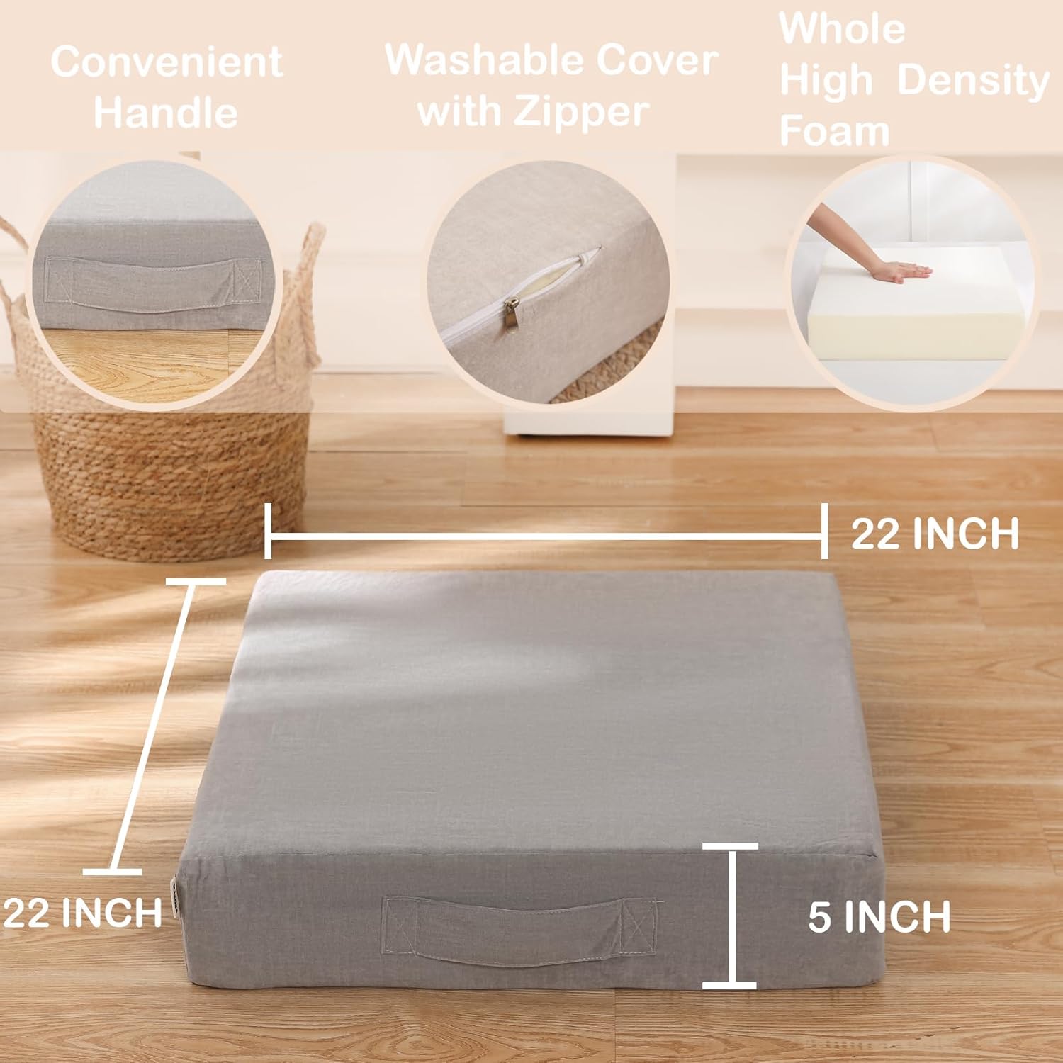 Kisdsa Almohada de suelo grande para adultos, cojín cuadrado de suelo para adultos, cojín de meditación para asiento de almohada de suelo, cojín de