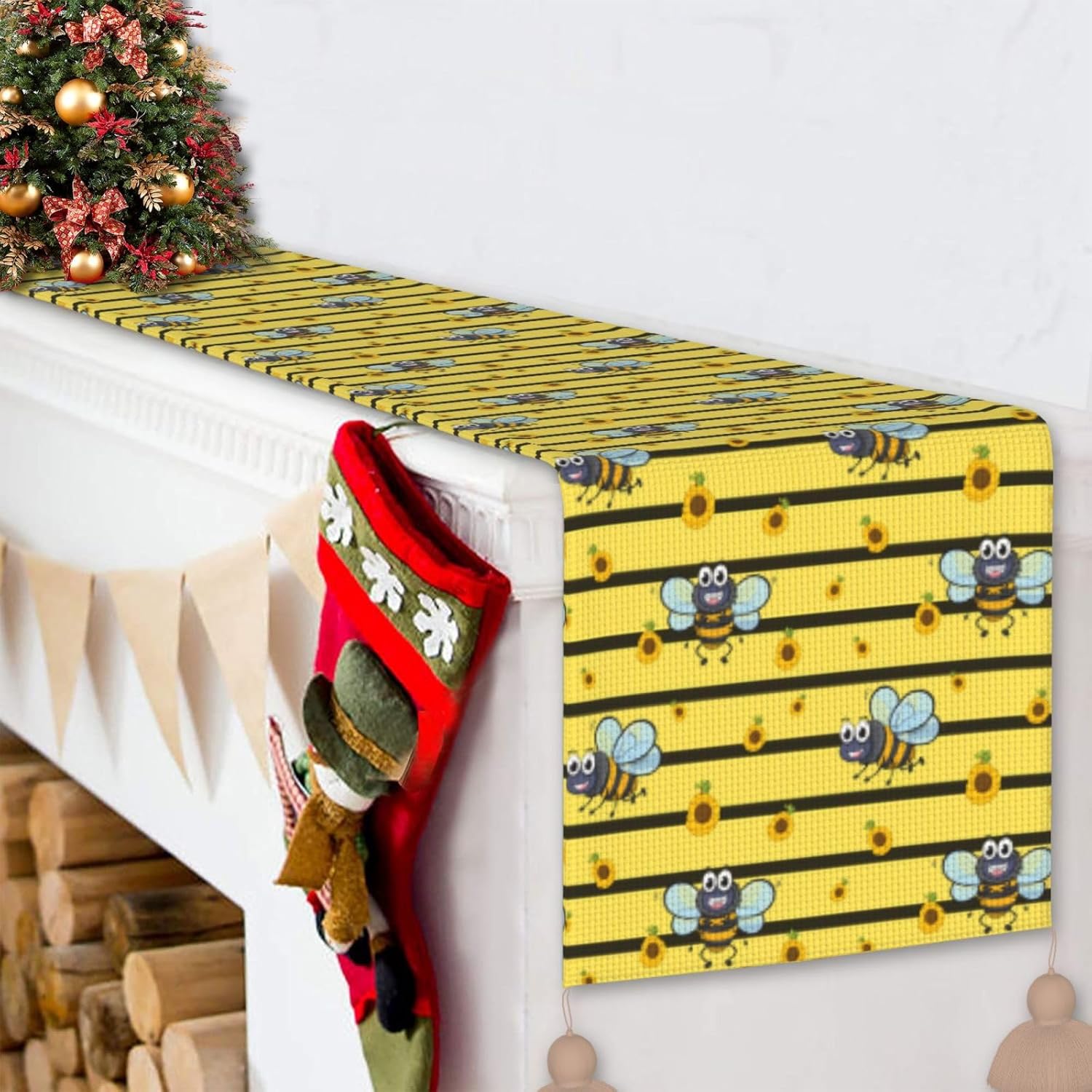 Smiling Bees Christmas Table Runner Dining Table Decor Christmas Decorations Indoor Home Decor Christmas Table Runners Xmas Navidad Decoracion 2023