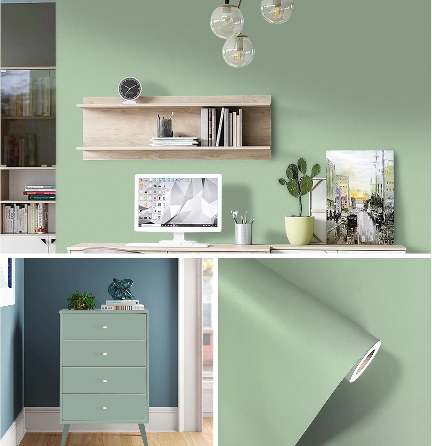 Papel tapiz verde para despegar y pegar, color sólido, papel de contacto verde de 17.7 x 118.1 pulgadas, papel tapiz de vinilo autoadhesivo para