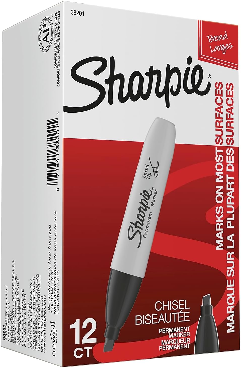 Sharpie 38201 Marcador Permanente 0.209 in Punta de cincel Negro Docena