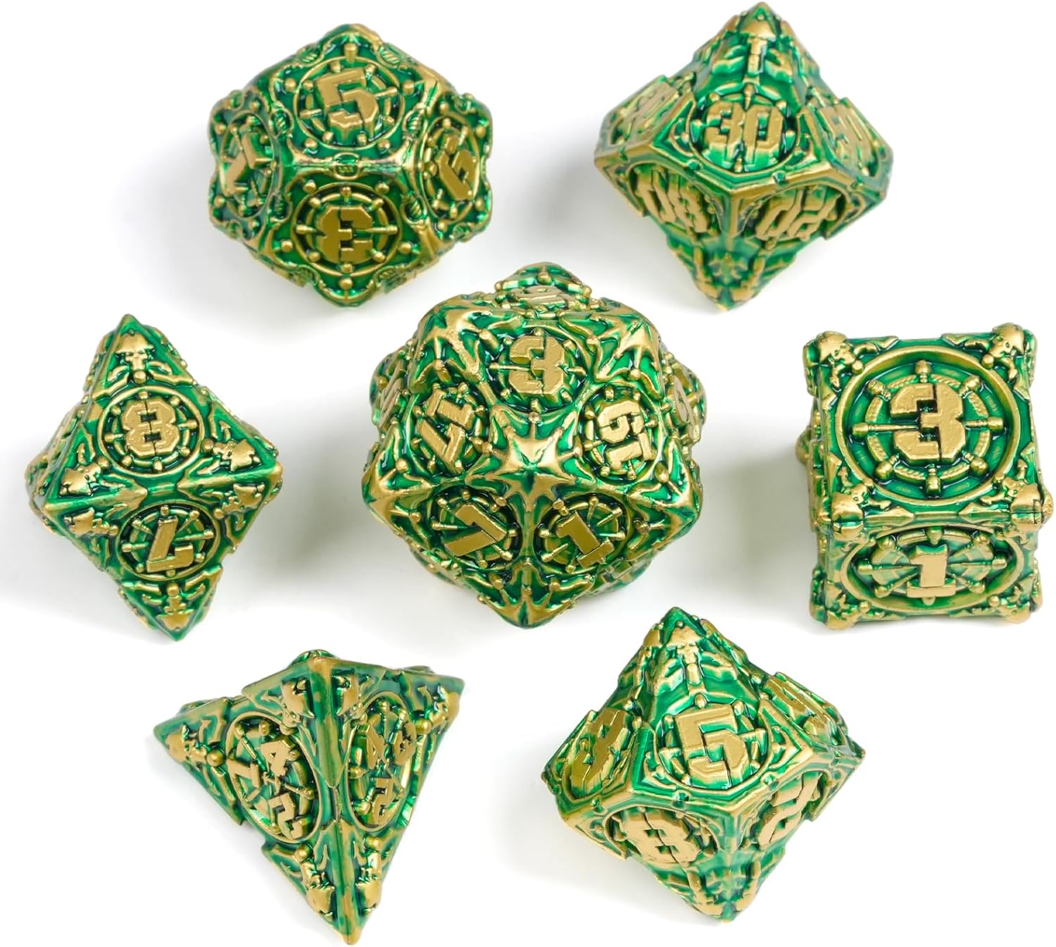 GU BEI TE Metal DND Dice Set with Box, Colorful DND Pirate Dice 7-Piece for RPG D&D Dungeons and Dragons GiftsGold Green