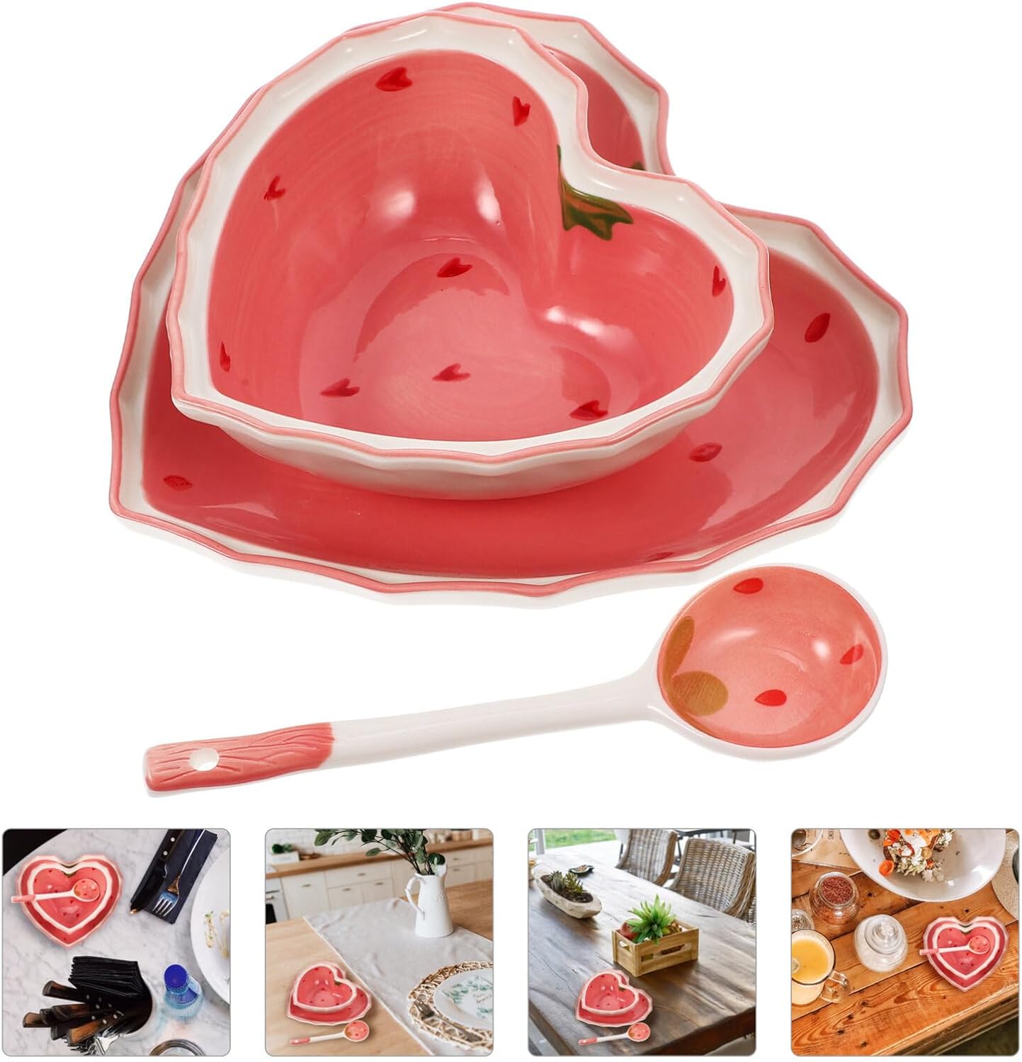 Plato de cerámica con cuchara en forma de corazón de fresa, tazón de ensalada, tazón de postre, aperitivo, platos para sopa, cereales, nueces,
