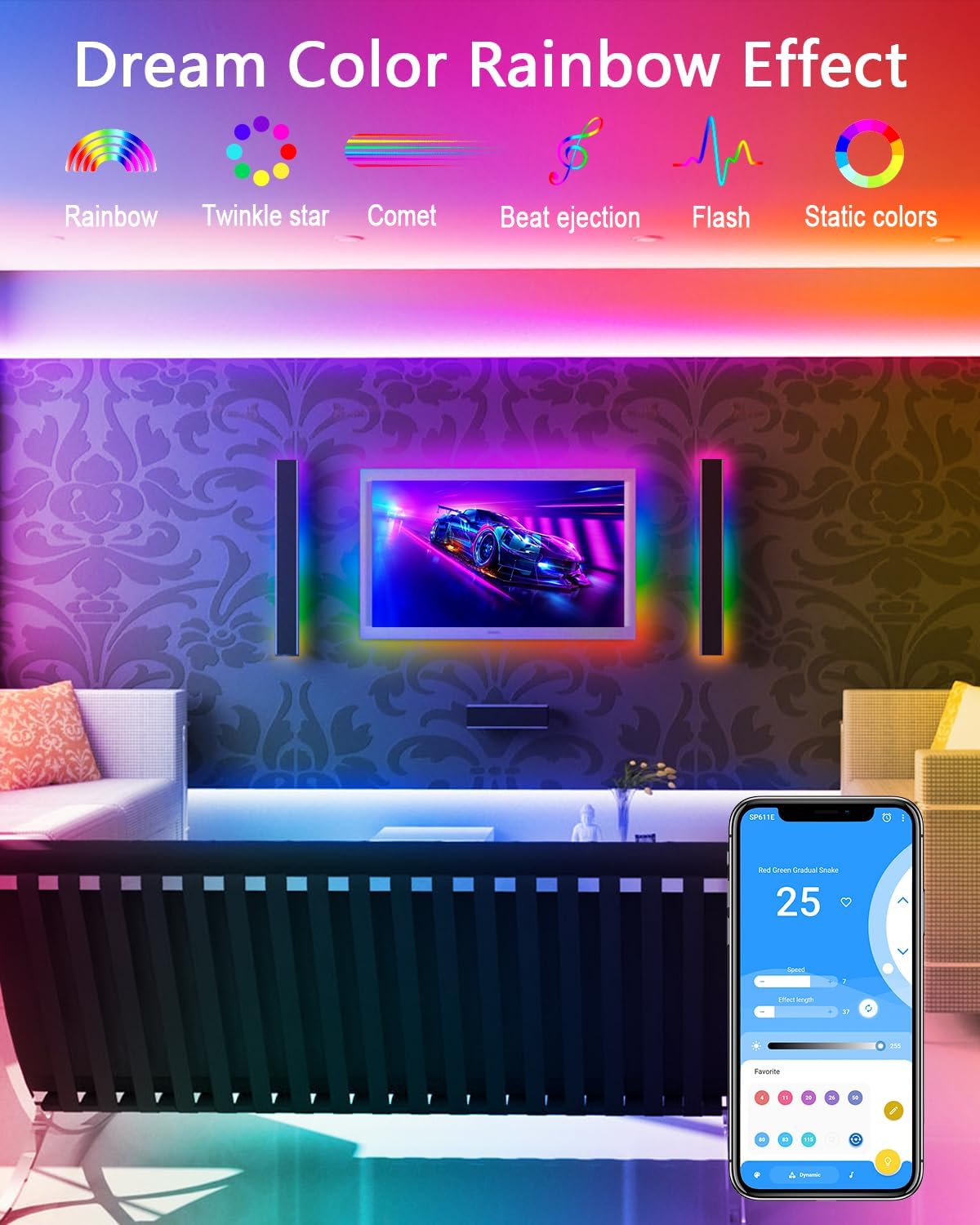 ALITOVE WS2811 Kit de luz de píxeles LED RGB digital difusa de 0.472 in con fuente de alimentación de 5 V 3A y controlador de sincronización de