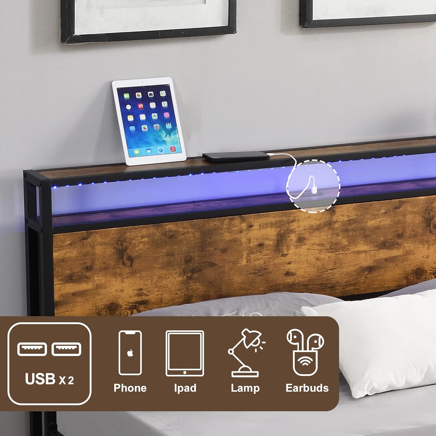 Base de cama Queen con luces LED y 2 puertos USB, base de cama de metal industrial tamaño Queen con cabecera de madera de almacenamiento de 2