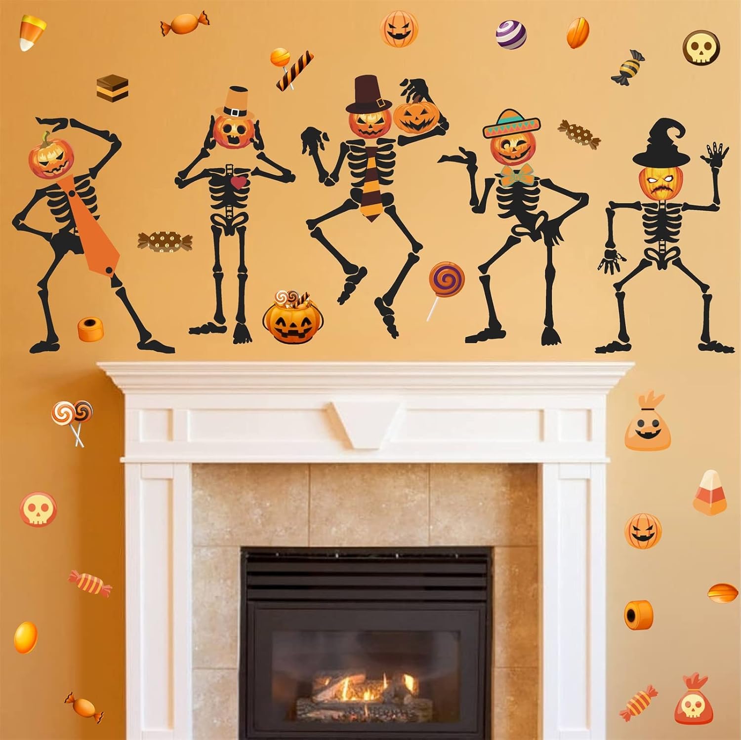 Calcomanía de pared de esqueleto de Halloween, calcomanías de pared de caramelo de calabaza, calcomanías de vinilo para ventana de Halloween,
