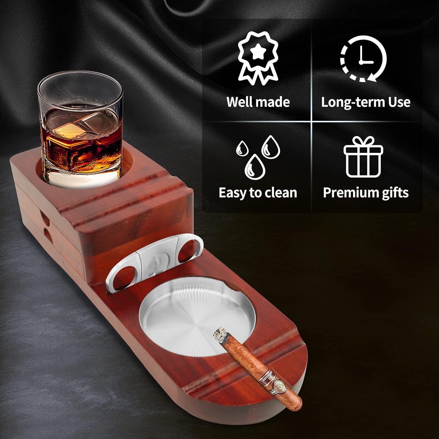 Cenicero de cigarros, bandeja de vidrio para whisky y bandeja de ceniza de madera con cortador de puros, incluye cajón y ranura para sostener puros,