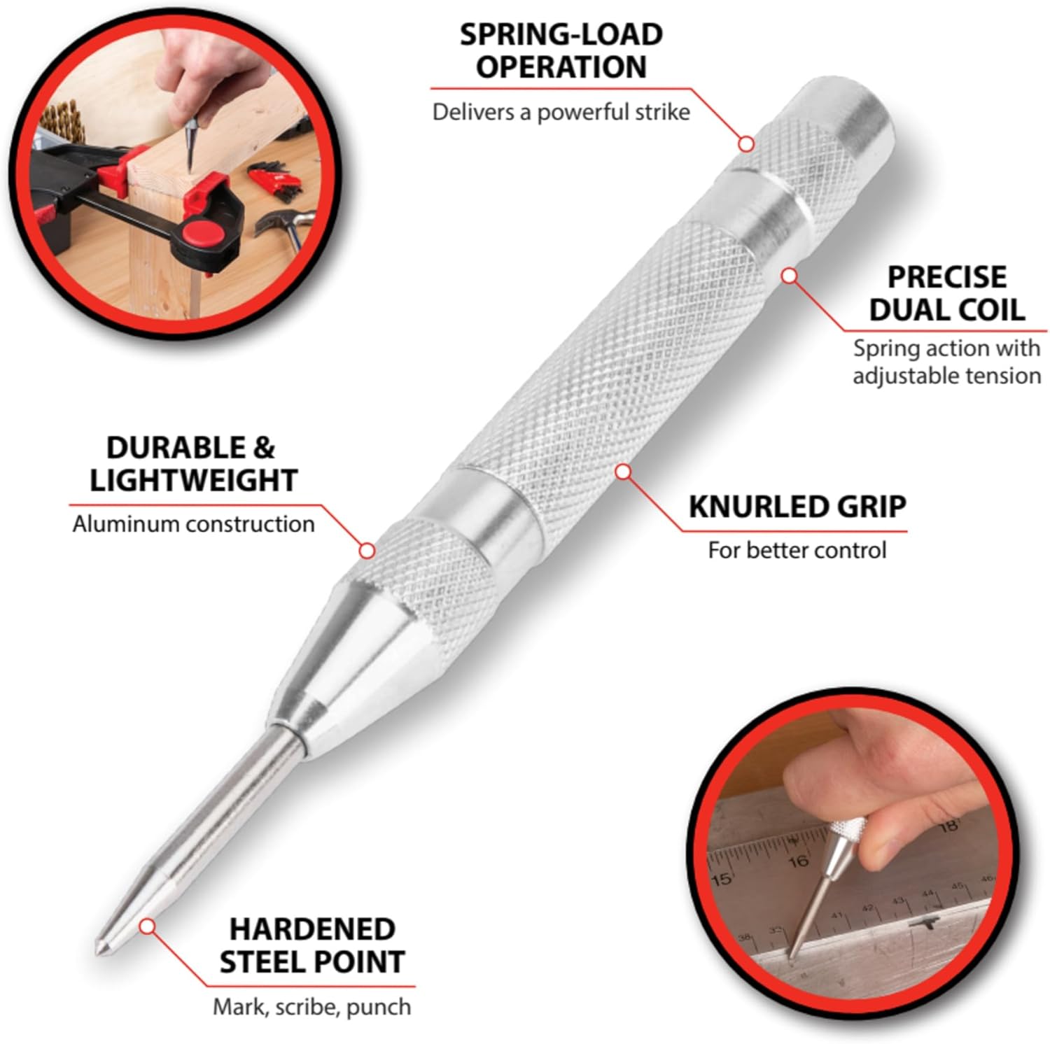 Performance Tool Punzón central automático ajustable W7551 de 5 pulgadas con metal de acero endurecido resistente para perforar agujeros precisos y