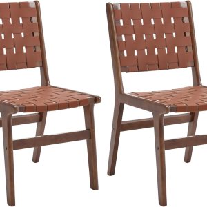 ABET Juego de 2 sillas de comedor de cuero marrón para cocina, sillas de comedor sin brazos de cuero sintético tejido de granja, silla moderna ABET Juego de 2 sillas de comedor de cuero marrón para cocina, sillas de comedor sin brazos de cuero sintético tejido de granja, silla moderna
