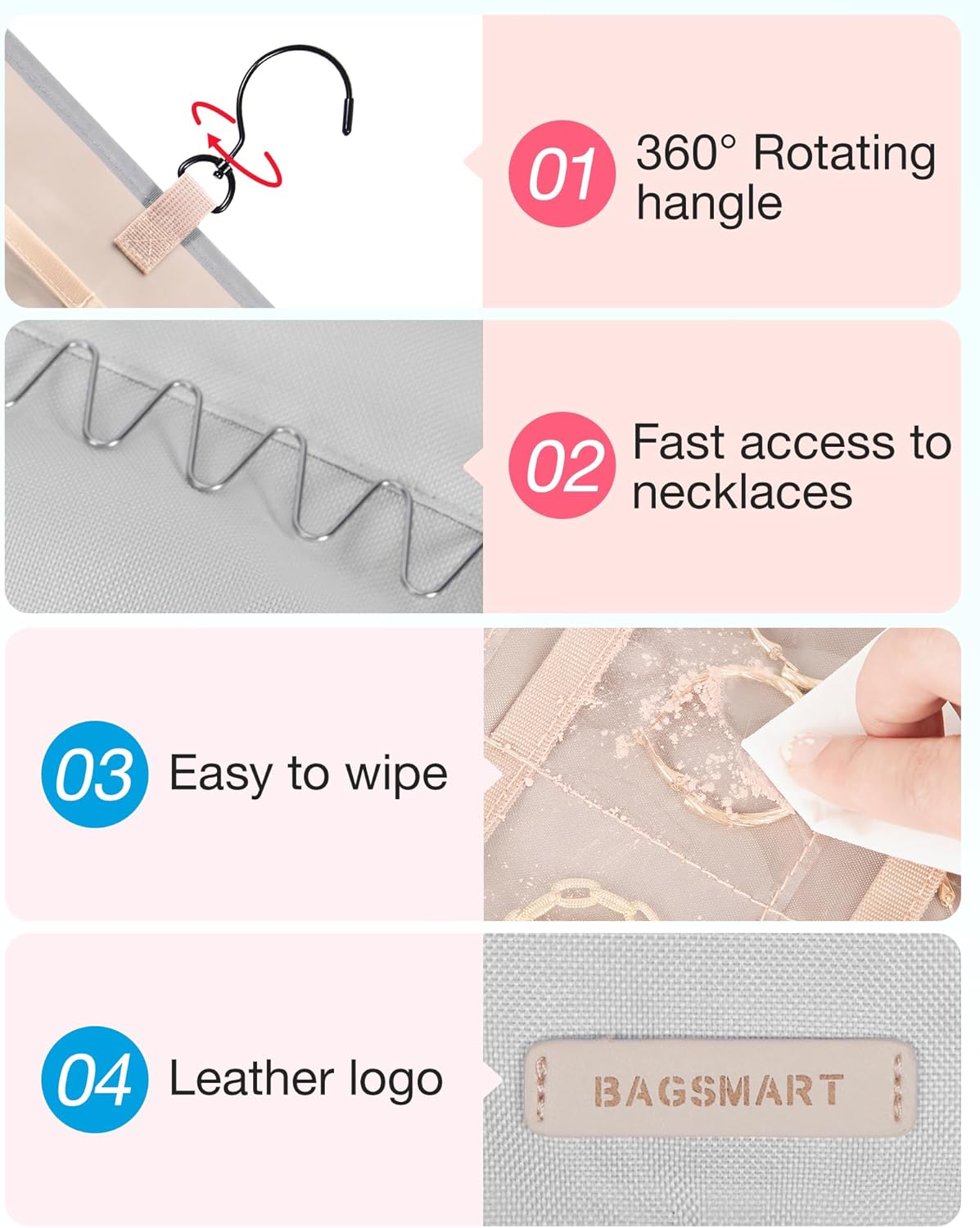 BAGSMART Organizador de joyas colgante rollo de almacenamiento con ganchos de metal de doble cara para aretes, collares, anillos en el armario,