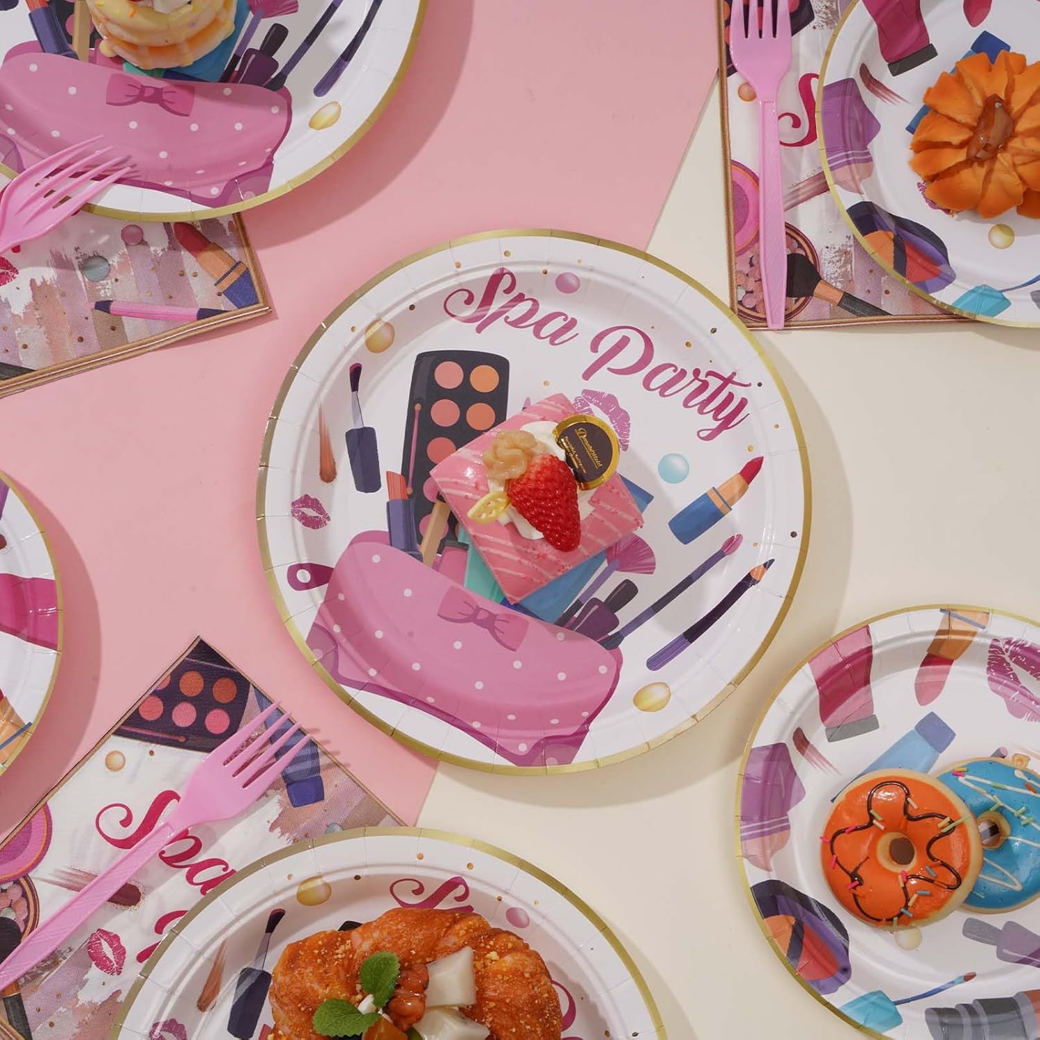 Juego de 96 platos de fiesta de cumpleaños de spa, servilletas, tenedores, juego de vajilla temática de spa para niños y niñas, suministros de