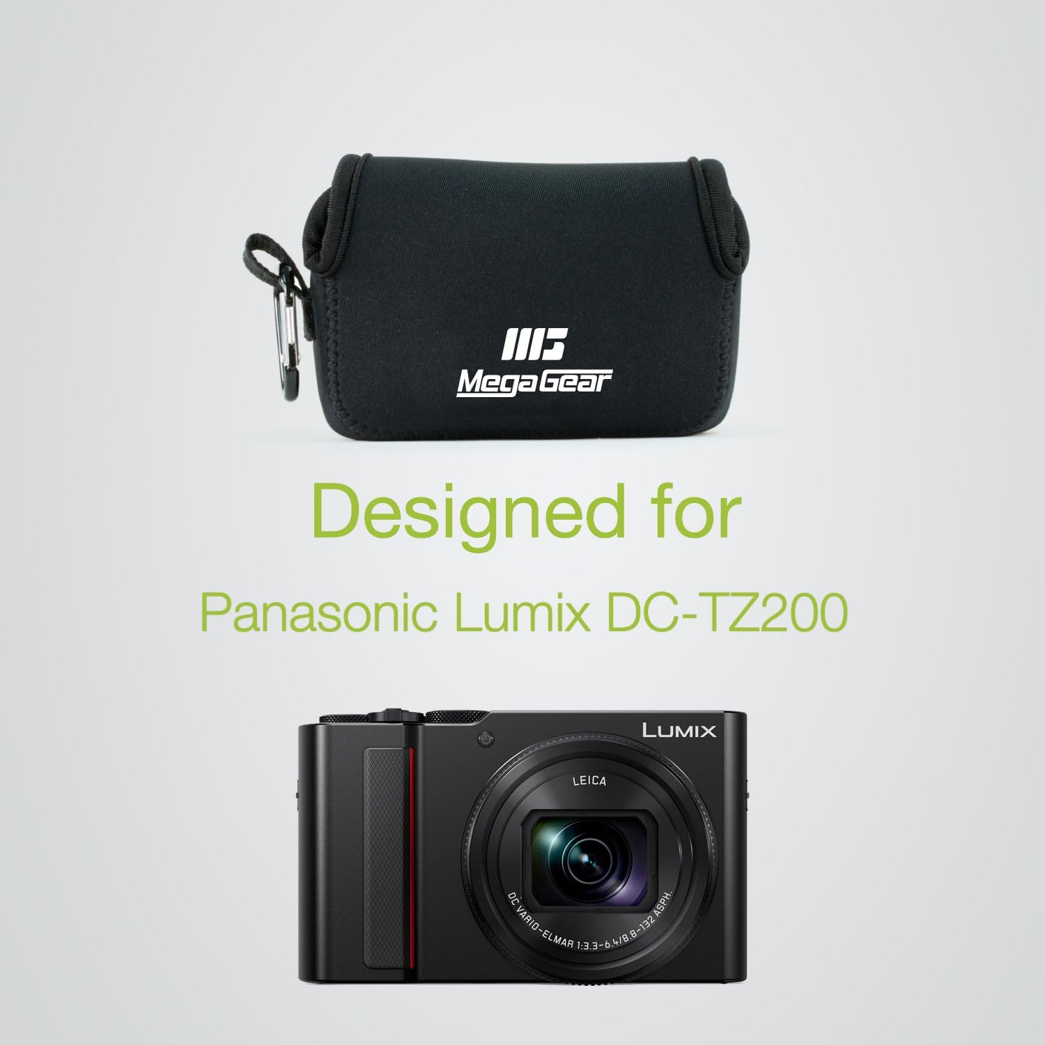 MegaGear Panasonic Lumix DC-ZS200, TZ200, Leica C-Lux – Funda de neopreno ultra ligera, con mosquetón, color negro