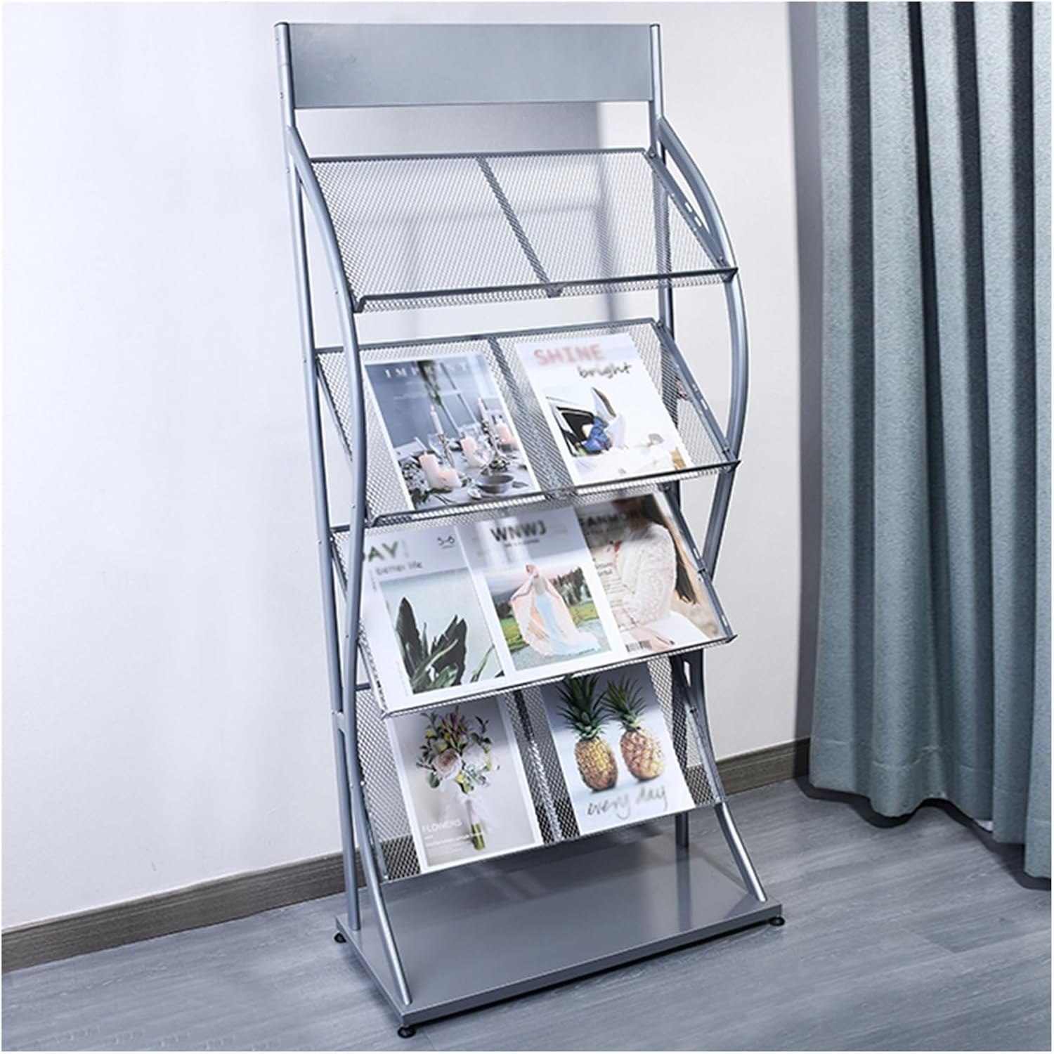 Estante de revistero comercial, estante de exhibición de literatura de folleto de hierro negro para bibliotecabancoaeropuertos, con bolsillo de