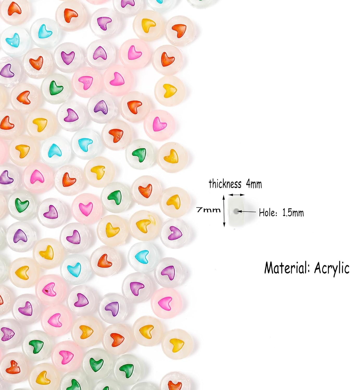 500 cuentas acrílicas luminosas de 0.276 in que brillan en la oscuridad, para hacer pulseras, collares, joyas (corazón colorido)