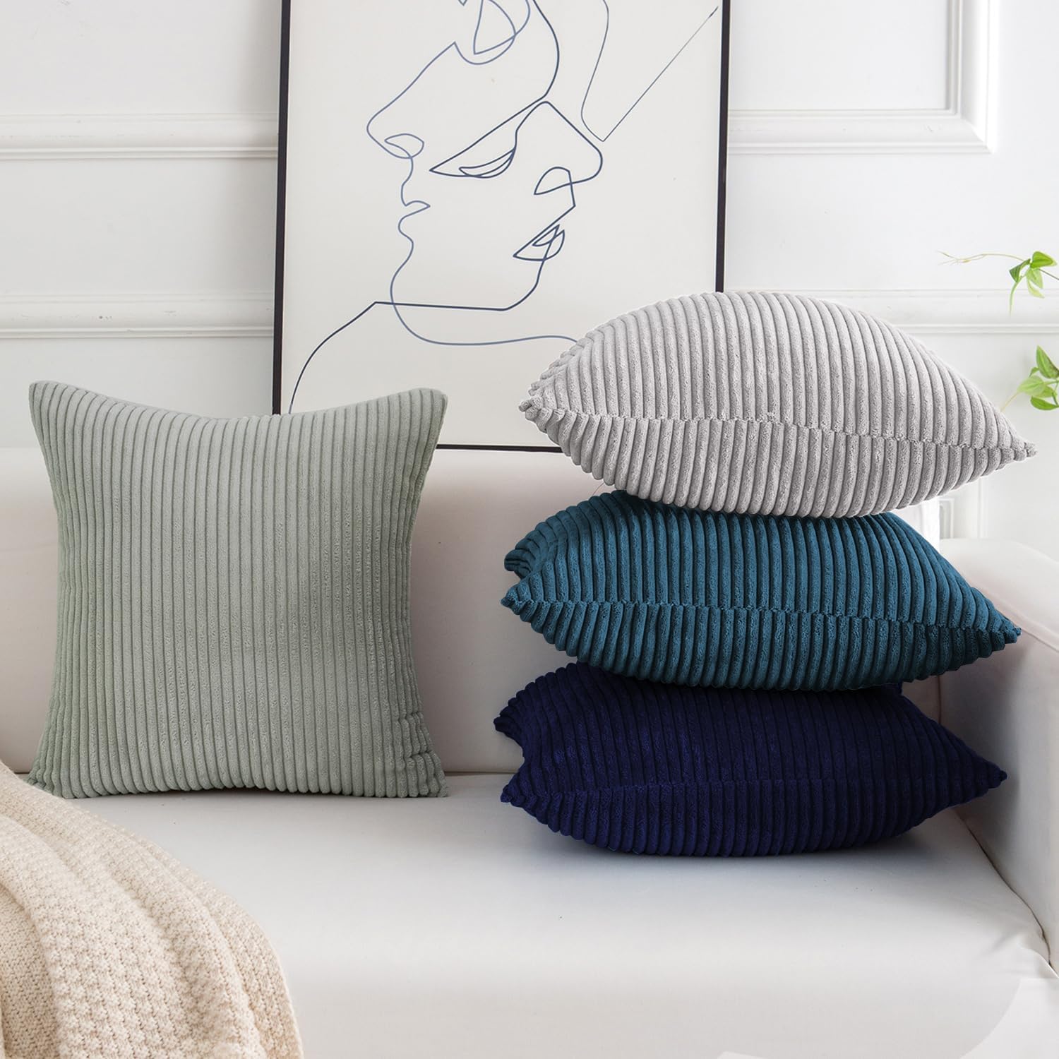 Softalker Juego de 4 fundas de almohada de pana suave a rayas sólidas, 18 x 18 pulgadas, decoración moderna para sofá, dormitorio, sala de estar
