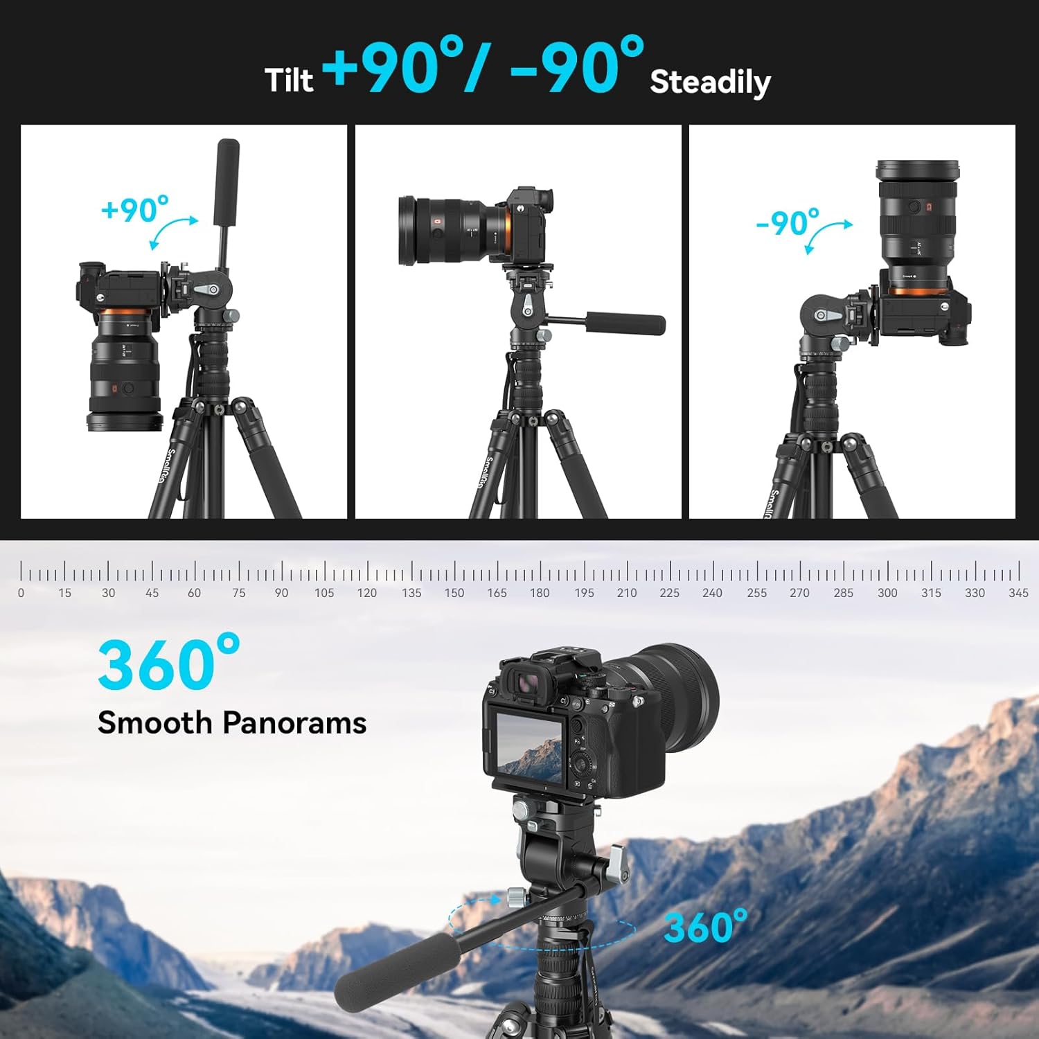 SmallRig Kit de trípode de video de 73 pulgadas con cabezal fluido de inclinación panorámica para disparo verticalhorizontal, carga máxima de 33.1