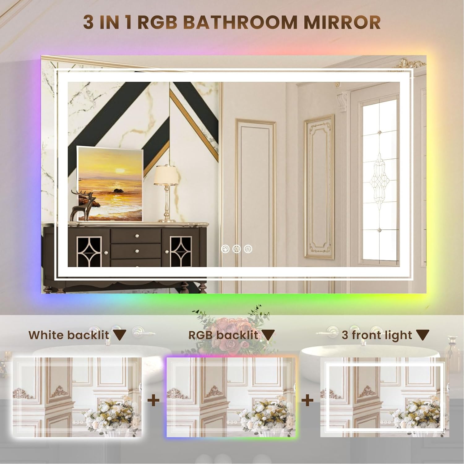 WTTY Espejo de baño LED de 40 x 36 pulgadas con retroiluminación RGB y luz frontal, espejo LED regulable continuo para baño, espejo de tocador de