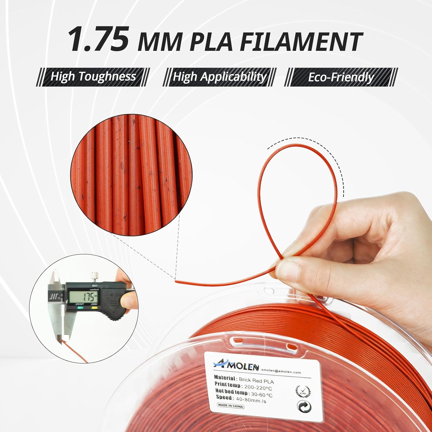 AMOLEN Filamento PLA para impresora 3D, filamento PLA rojo ladrillo mármol de 0.069 pulgadas, filamento de impresión 3D de ácido poliláctico de
