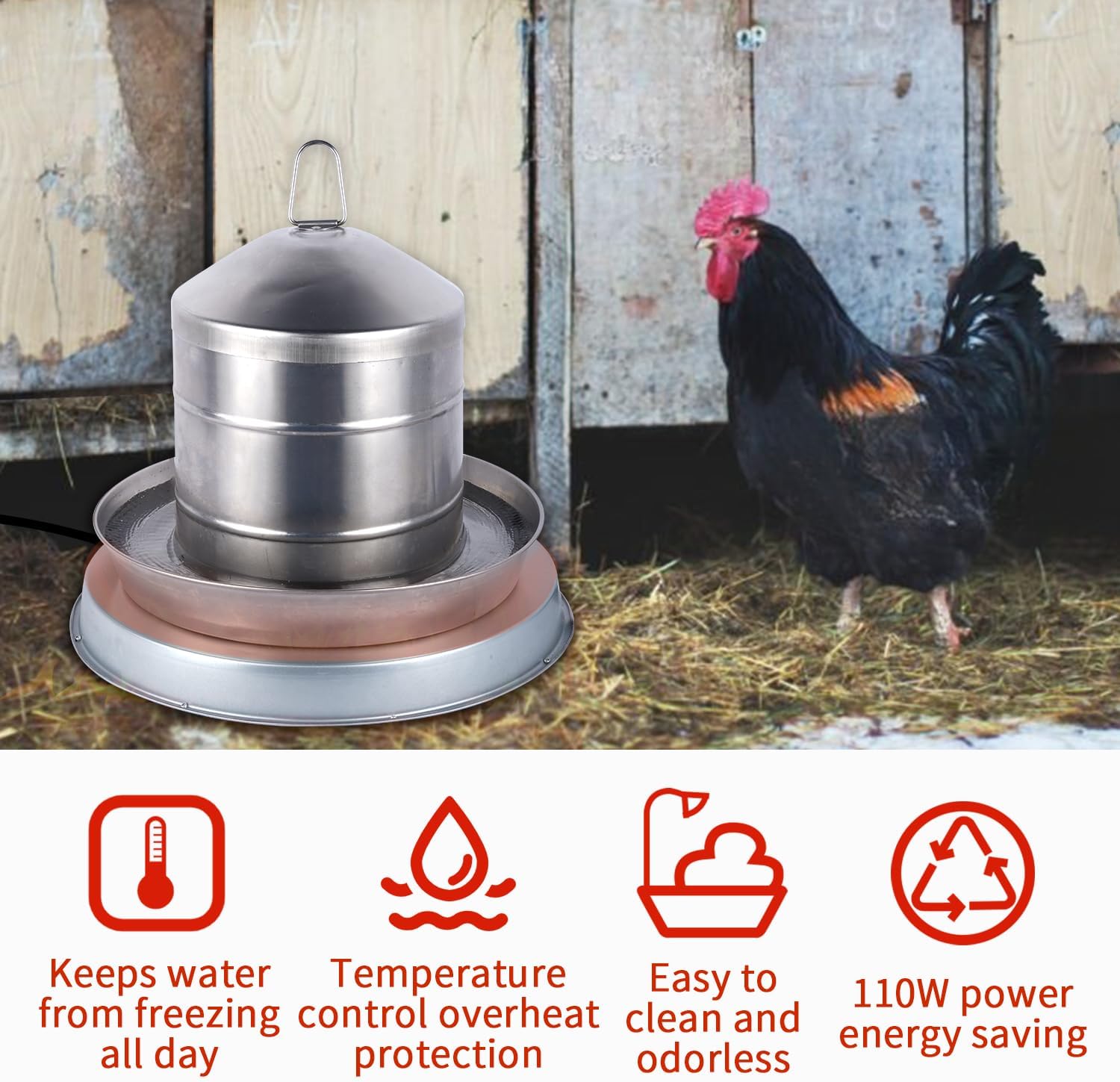 Calentador de agua de pollo de 15 pulgadas, base grande de agua para aves de corral calentada de 125 vatios para 5 galones, con termostato y cable