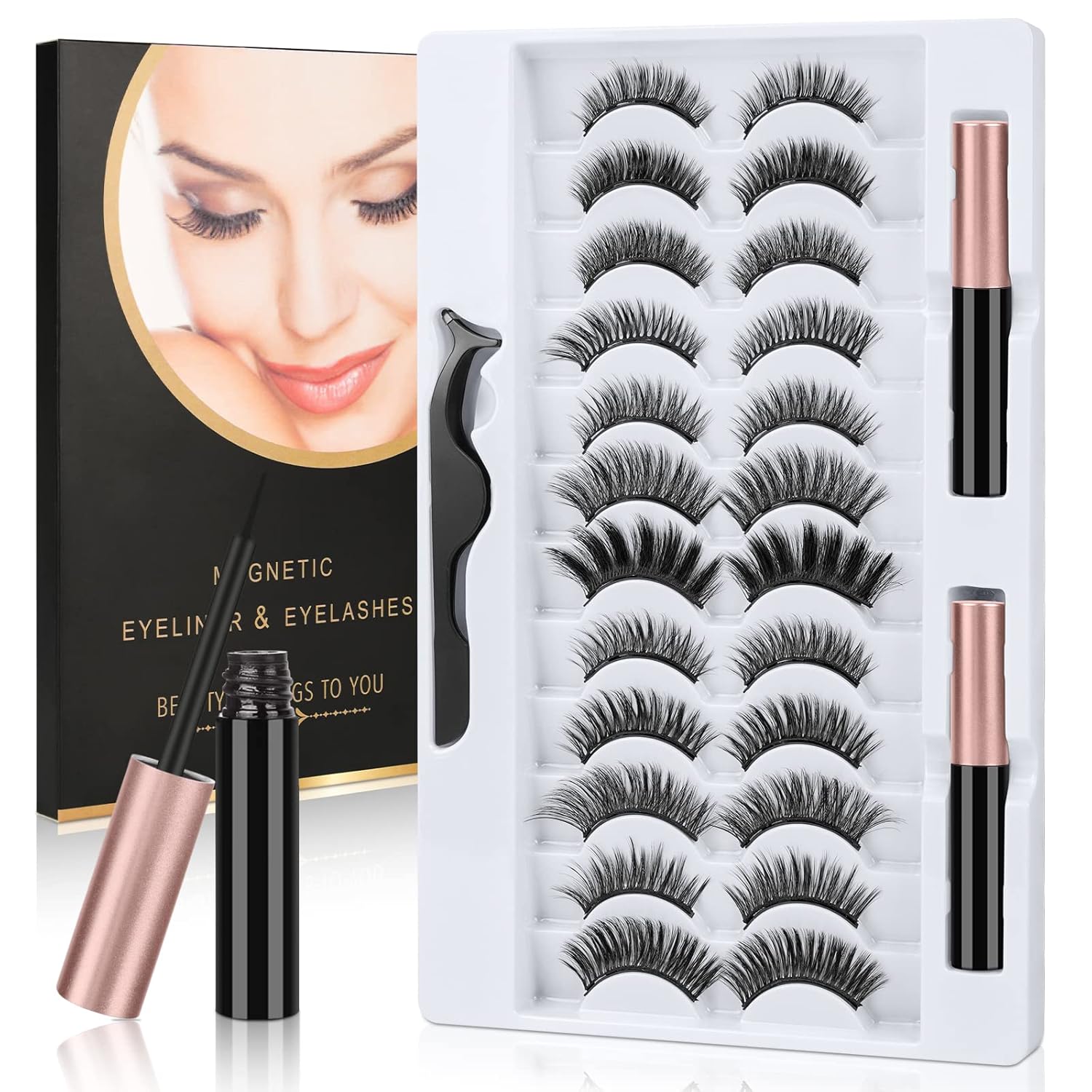 Kit de racimos de pestañas, 12 pares de pestañas postizas magnéticas reutilizables con 2 tubos, impermeable, delineador de ojos y pinzas, kit de