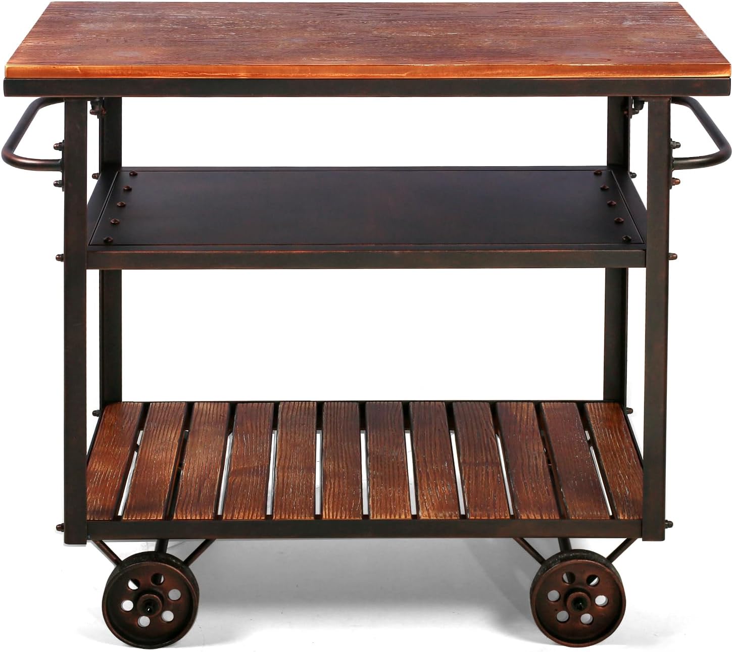 Carrito de bar industrial, carrito de servicio con ruedas y asa, carrito de metal para bebidas de 3 niveles con bandeja extraíble y estantes de