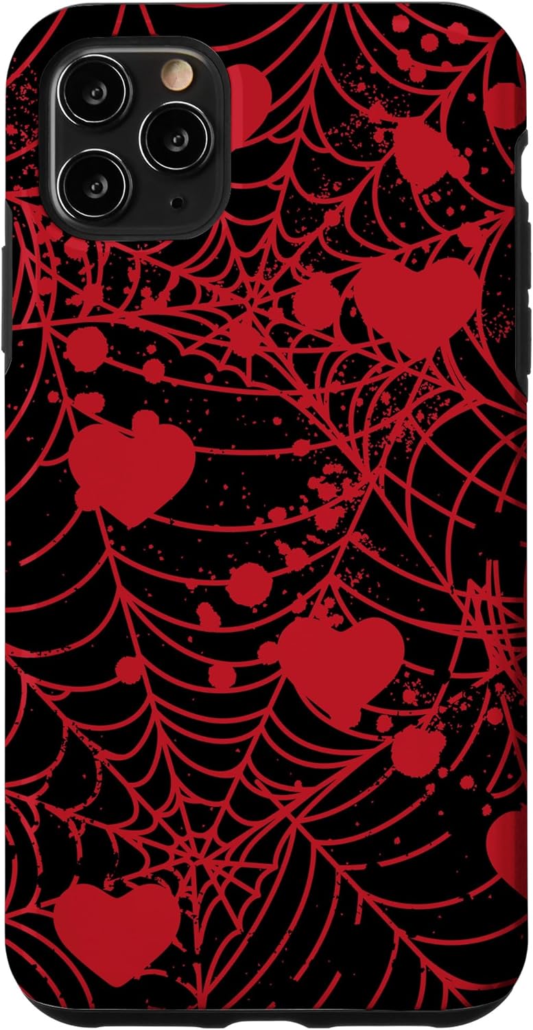 Funda para iPhone 11 Pro Max Spiderweb de San Valentín con corazones góticos góticos y negro Fairycore