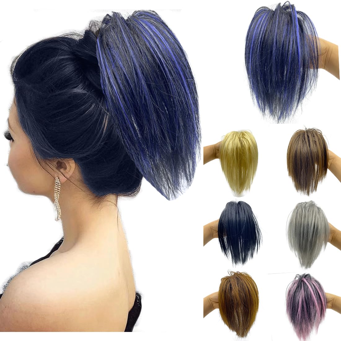 Extensión de cabello desordenado con reflejos, moño de garra, extensión de cola de caballo sintética con cordón elástico, extensión de moño para