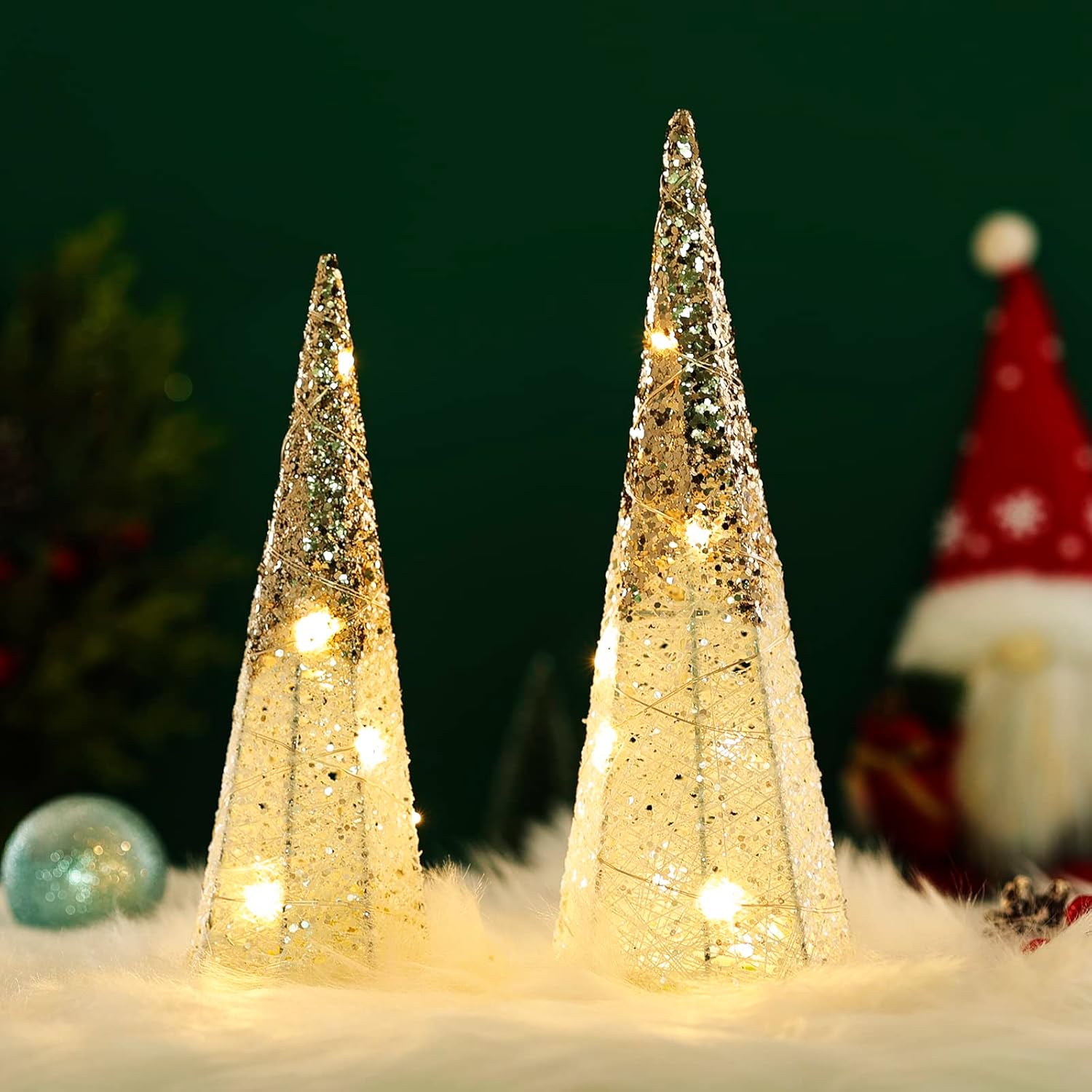 2 decoraciones de mesa de Navidad iluminadas con purpurina, funciona con pilas, con forma de árbol de Navidad LED, decoración navideña para