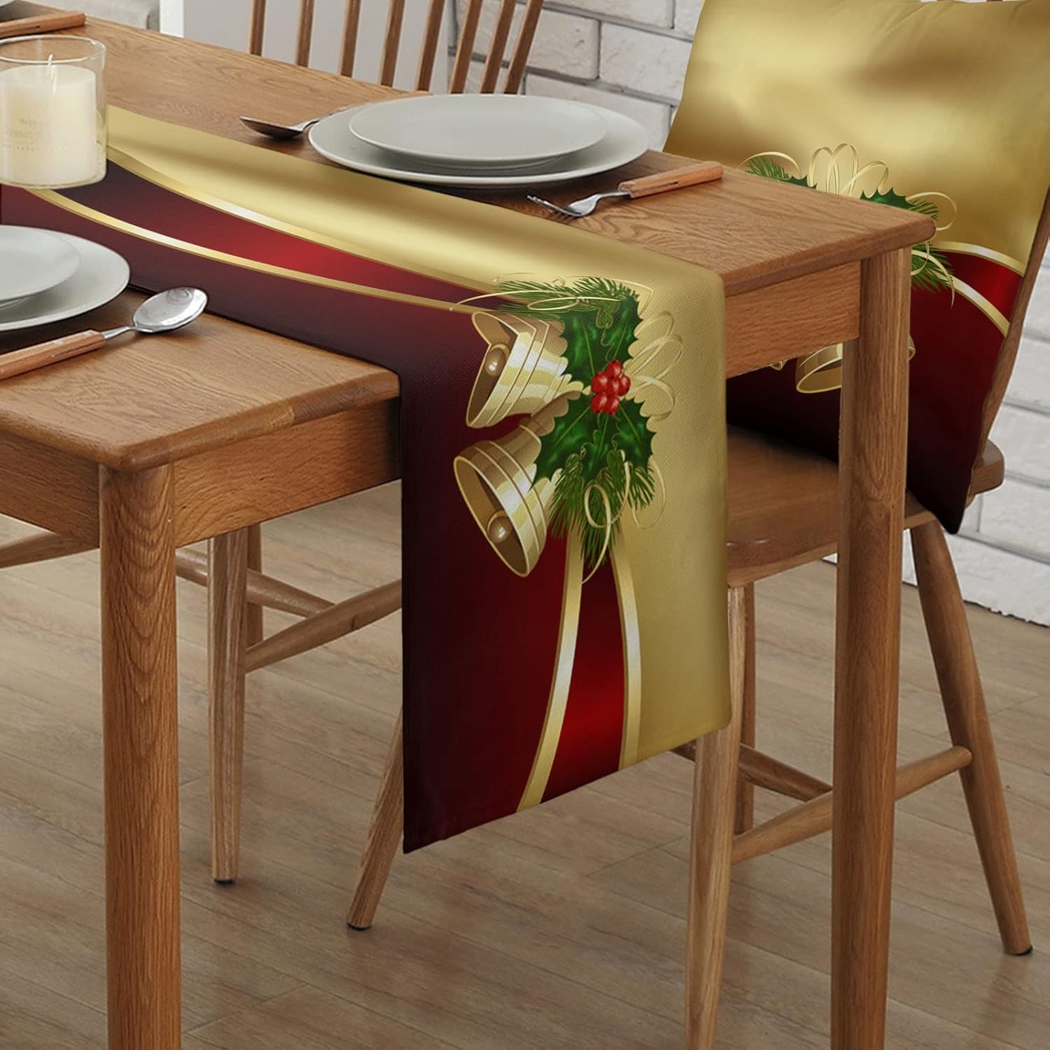 Camino de mesa de Navidad de 120 pulgadas de largo, bufandas de tocador, campanas de Papá Noel, camino de mesa rústico de arpillera para fiestas,