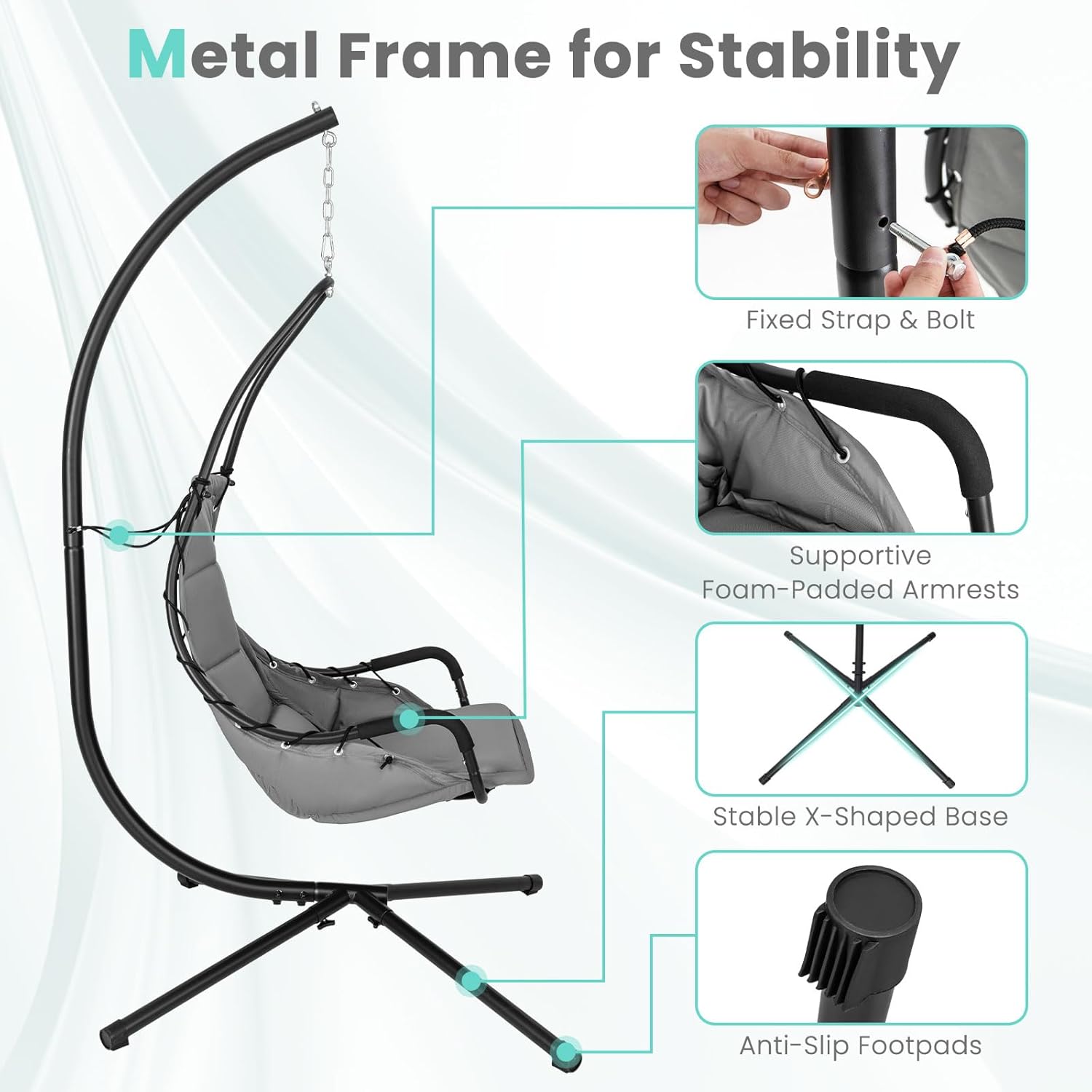 Tangkula Silla columpio con soporte, silla colgante de huevo para interiores y exteriores con cojín, silla hamaca para interiores y exteriores con