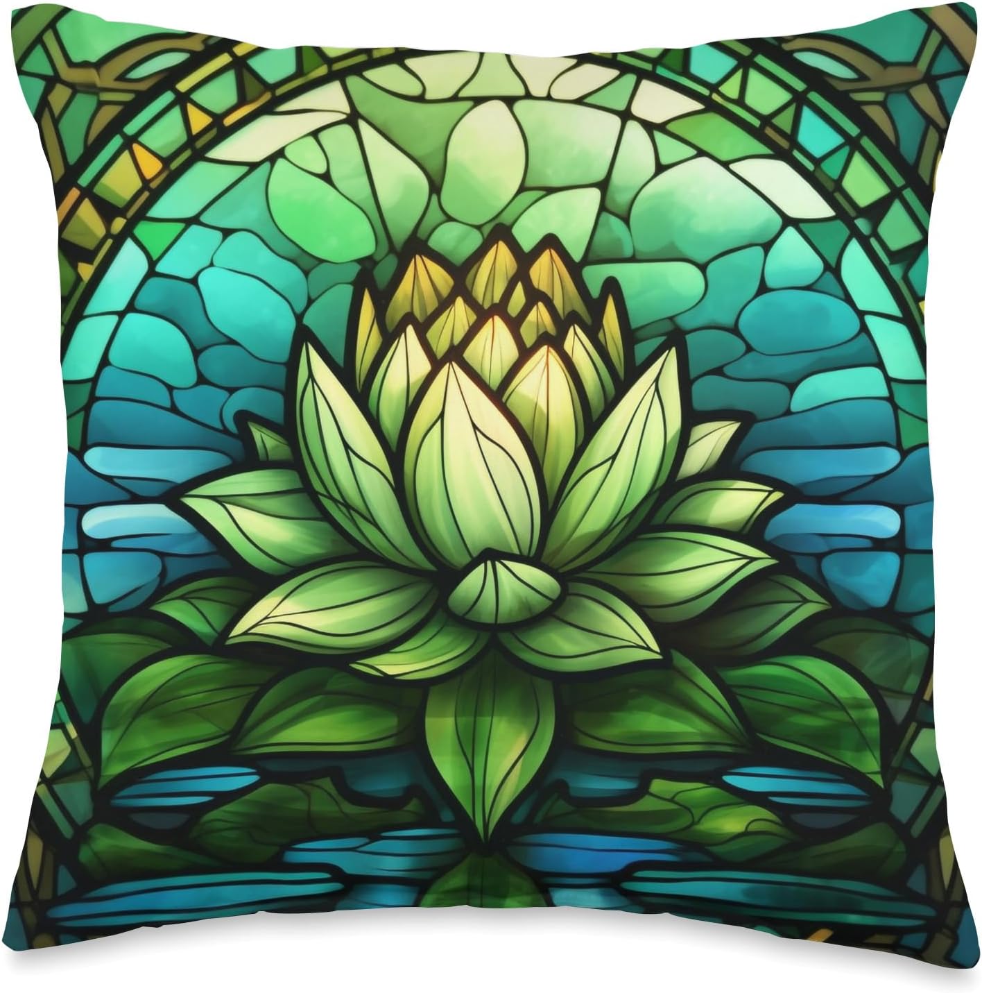 Spiritual Abstract – Cojín de flores de loto verde, 16 x 16 pulgadas, multicolor